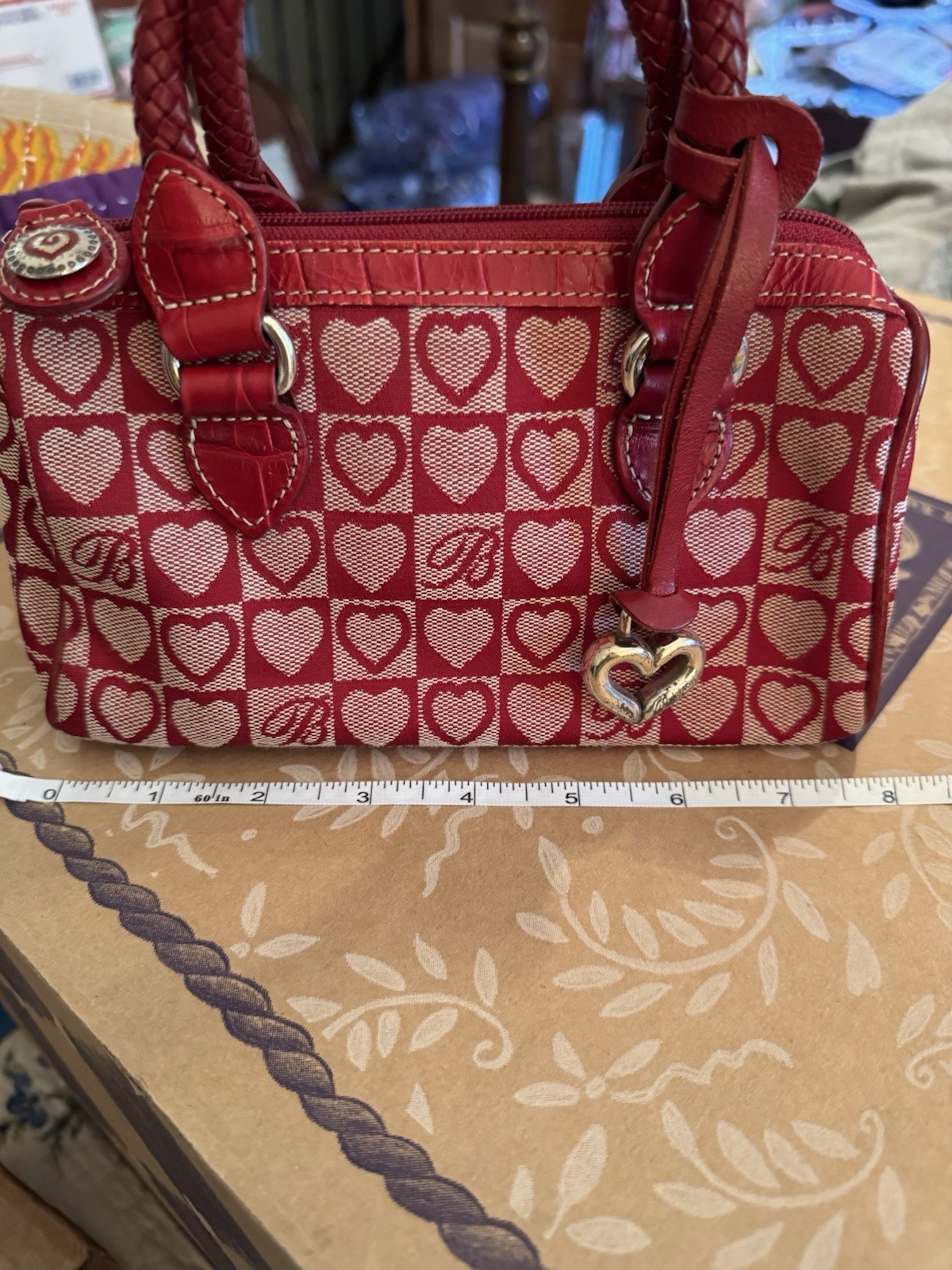 Brighton Red Heart Print Small Satchel Top Handles Zip Bag w/ Charm, Pockets
