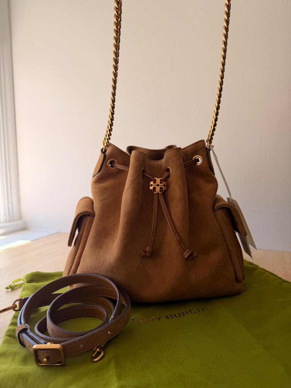 Tory Burch Charlie Quilted Drawstring Shoulder Bag Small Suede Toffee