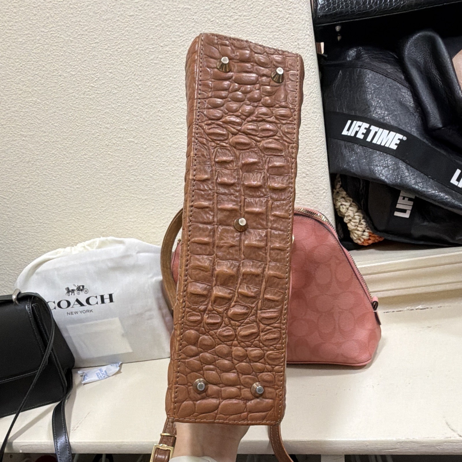 BRAHMIN Brown Croc Embossed Satchel Turn Lock Top Handle, Detachable Strap