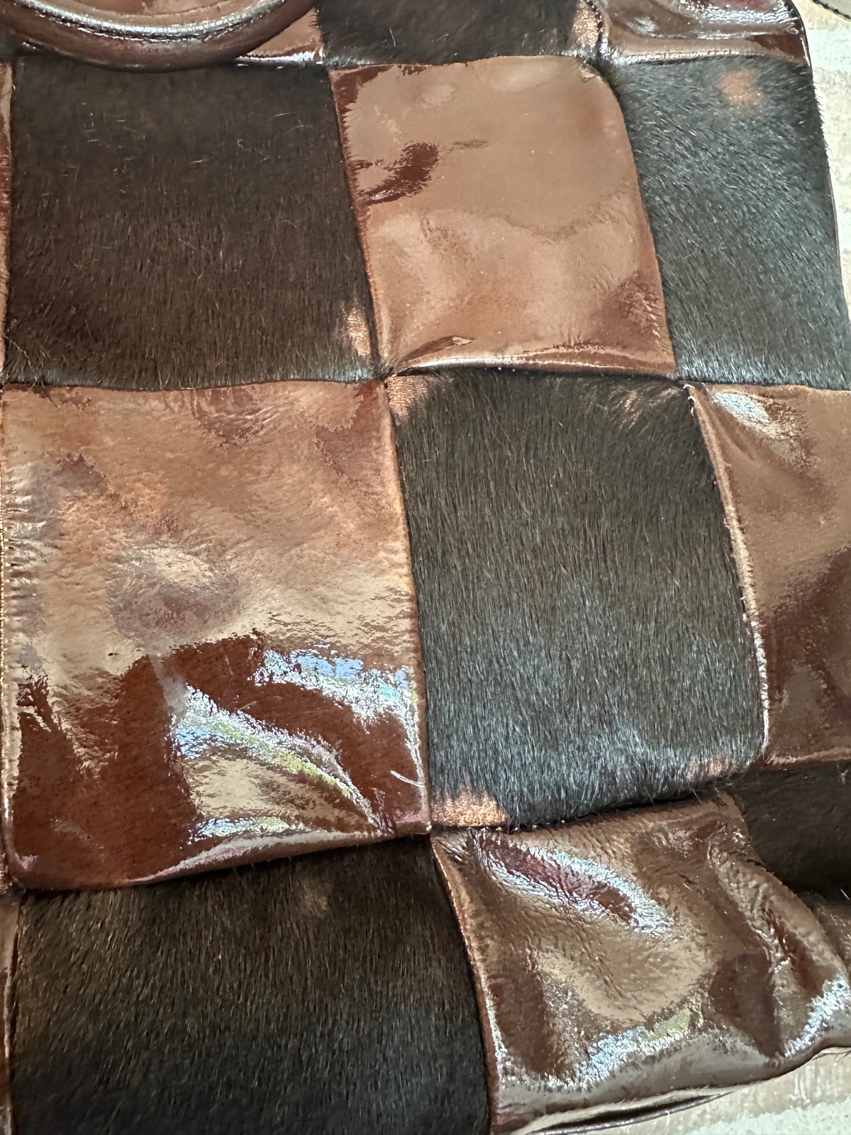 Pony hair & patent leather tote by Plinio Visona