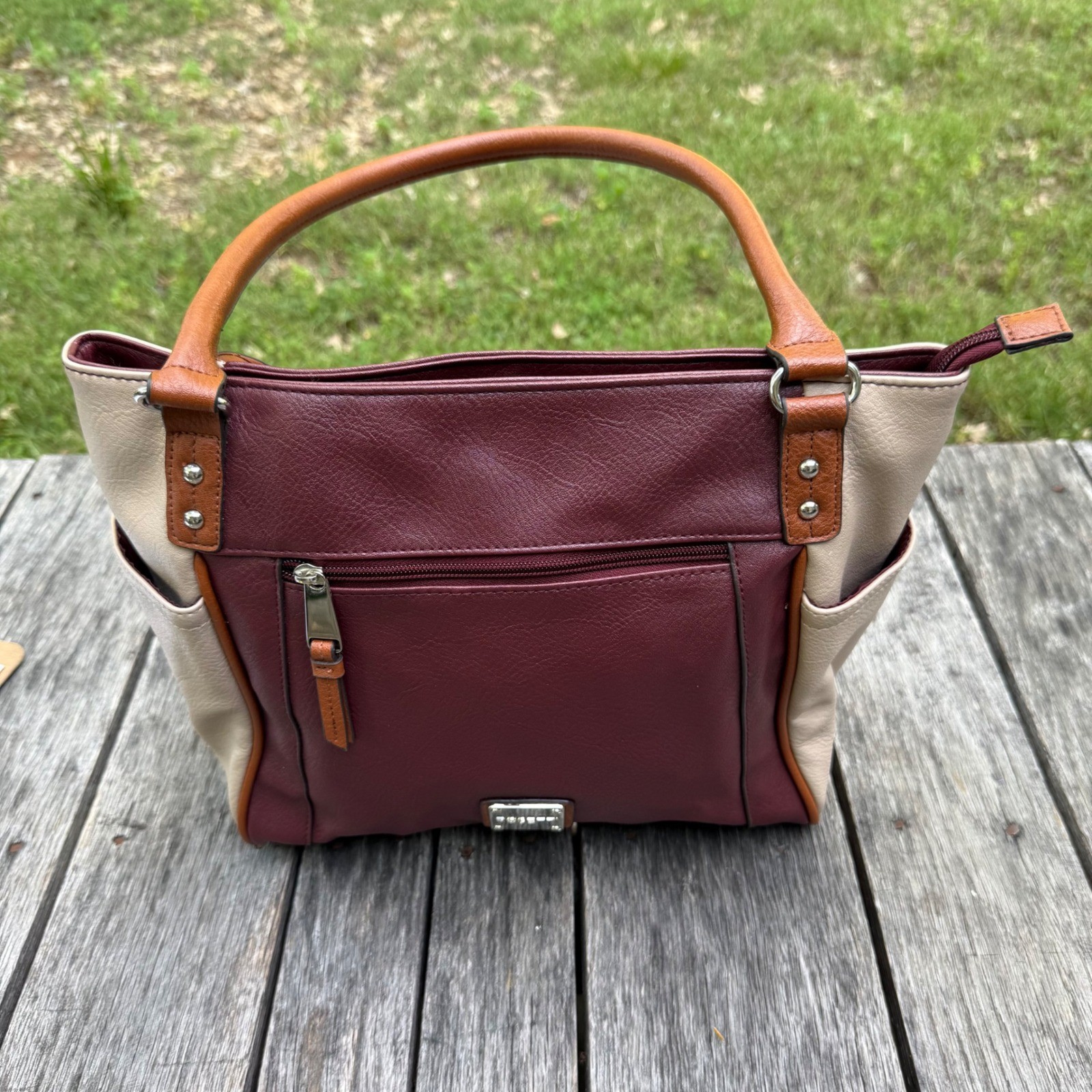 Rosetti Burgundy Tan Cream Pebbled Faux Leather Shoulder Bag Tote Handbag