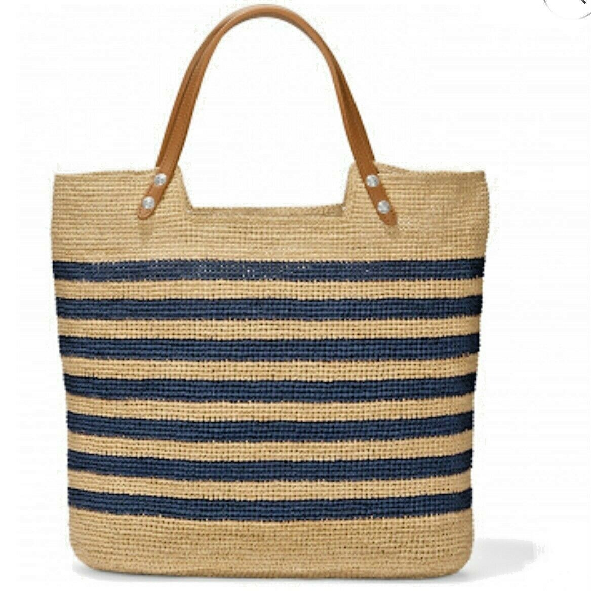 Brighton Ferrara Collection PALMIER RAFFIA Straw TOTE Wheat & Blue H73426 NWT
