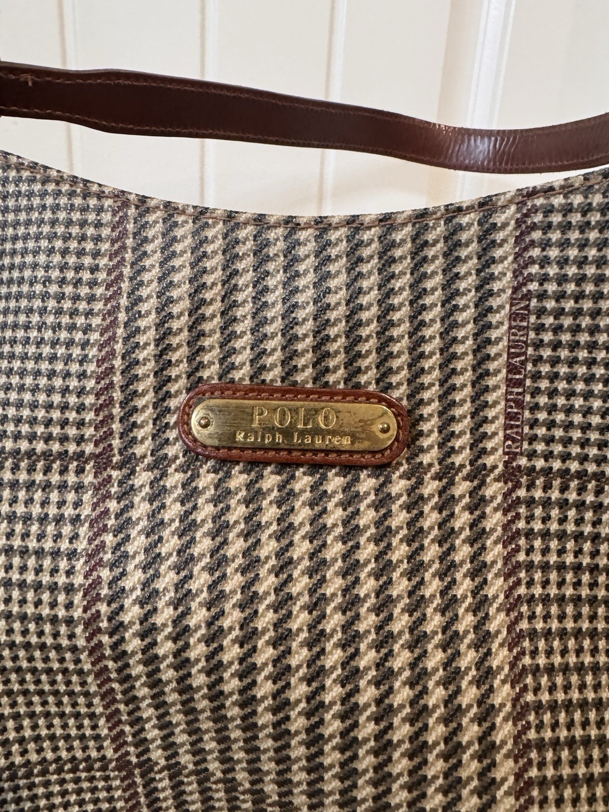 Polo Ralph Lauren Houndstooth Shoulder Bag Beige Brown Zip Gold Hardware