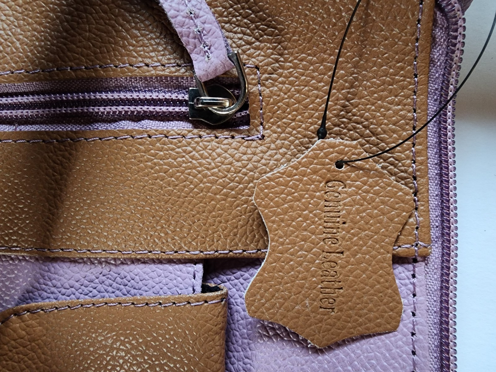 Lilac Lavender Pebbled Leather Crossbody Purse Brown Trim 8 X 9.5in. 3 Pocket