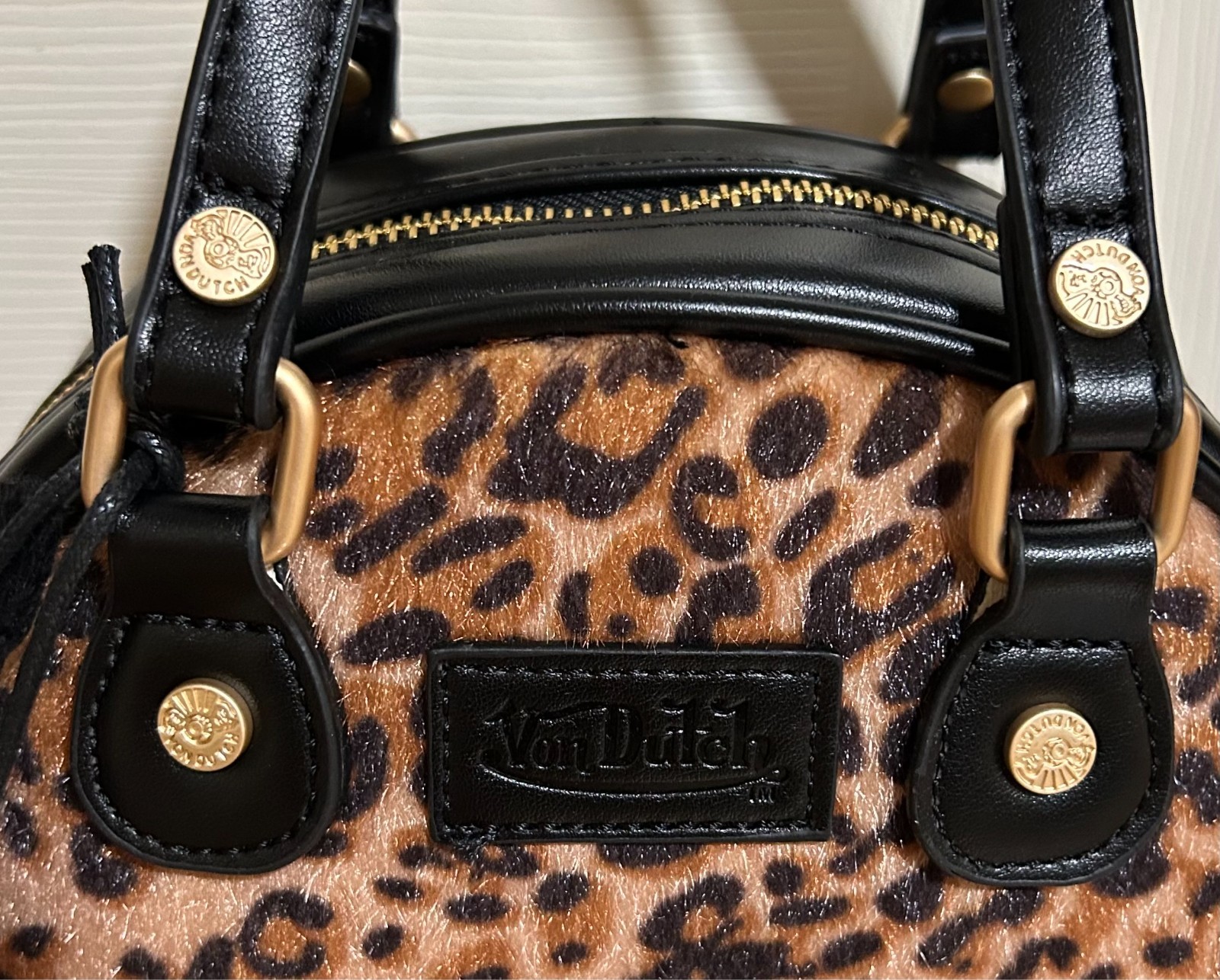 VON DUTCH Brown LEOPARD Black TRIM Calf HAIR Small BOWLER Crossbody BAG NWT