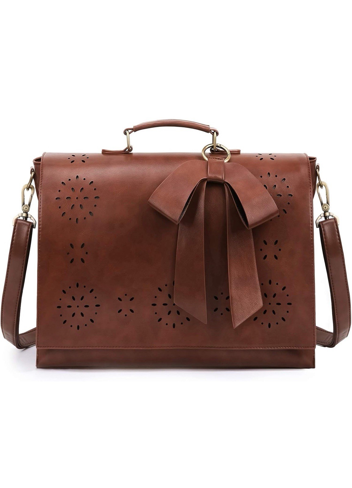 Women’s Briefcase Vegan Leather Laptop Bag for Work Shoulder 14.5 inch L-brown