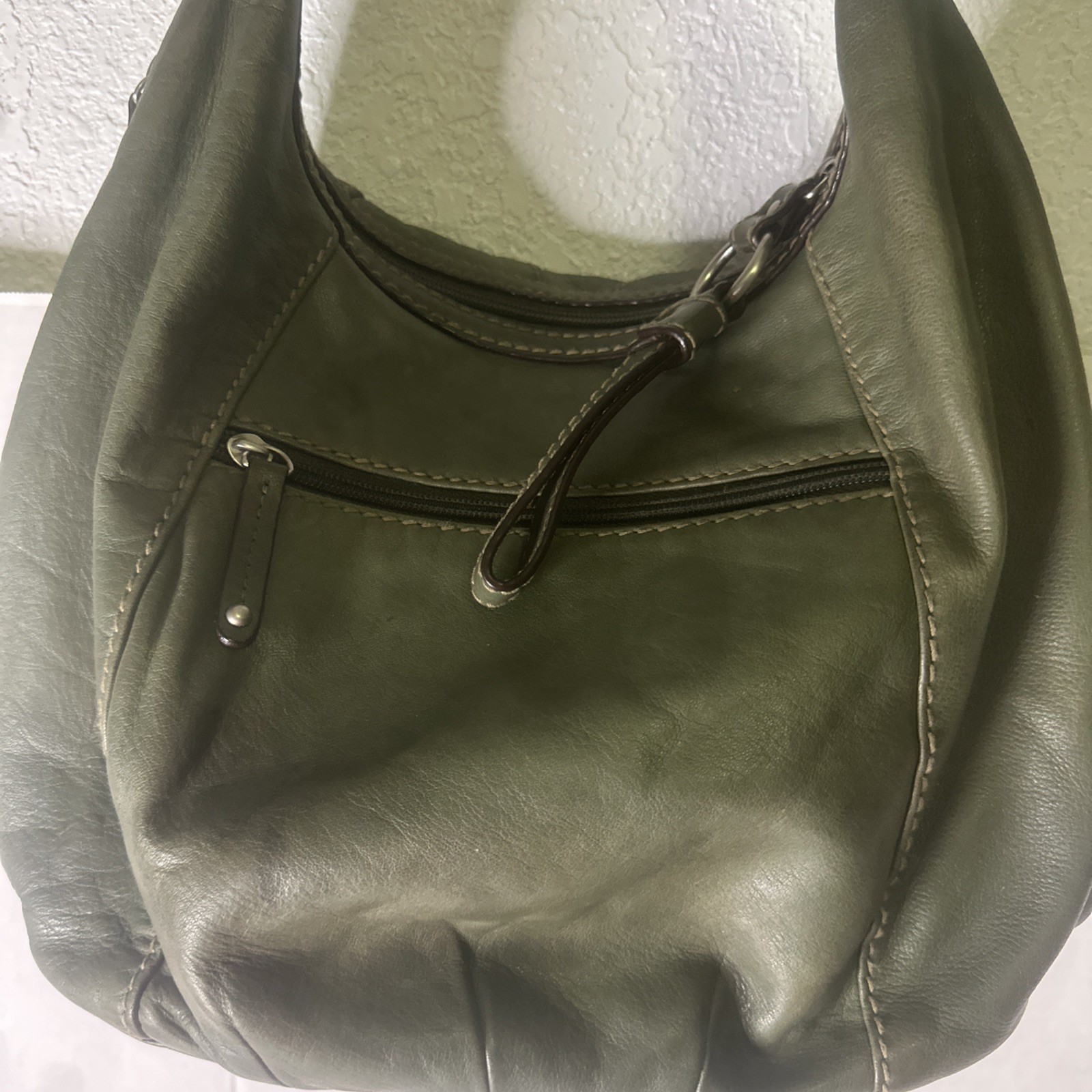Jade Green Leather Tignanello Bag. silver hardware w/known Tig lining zip pocket
