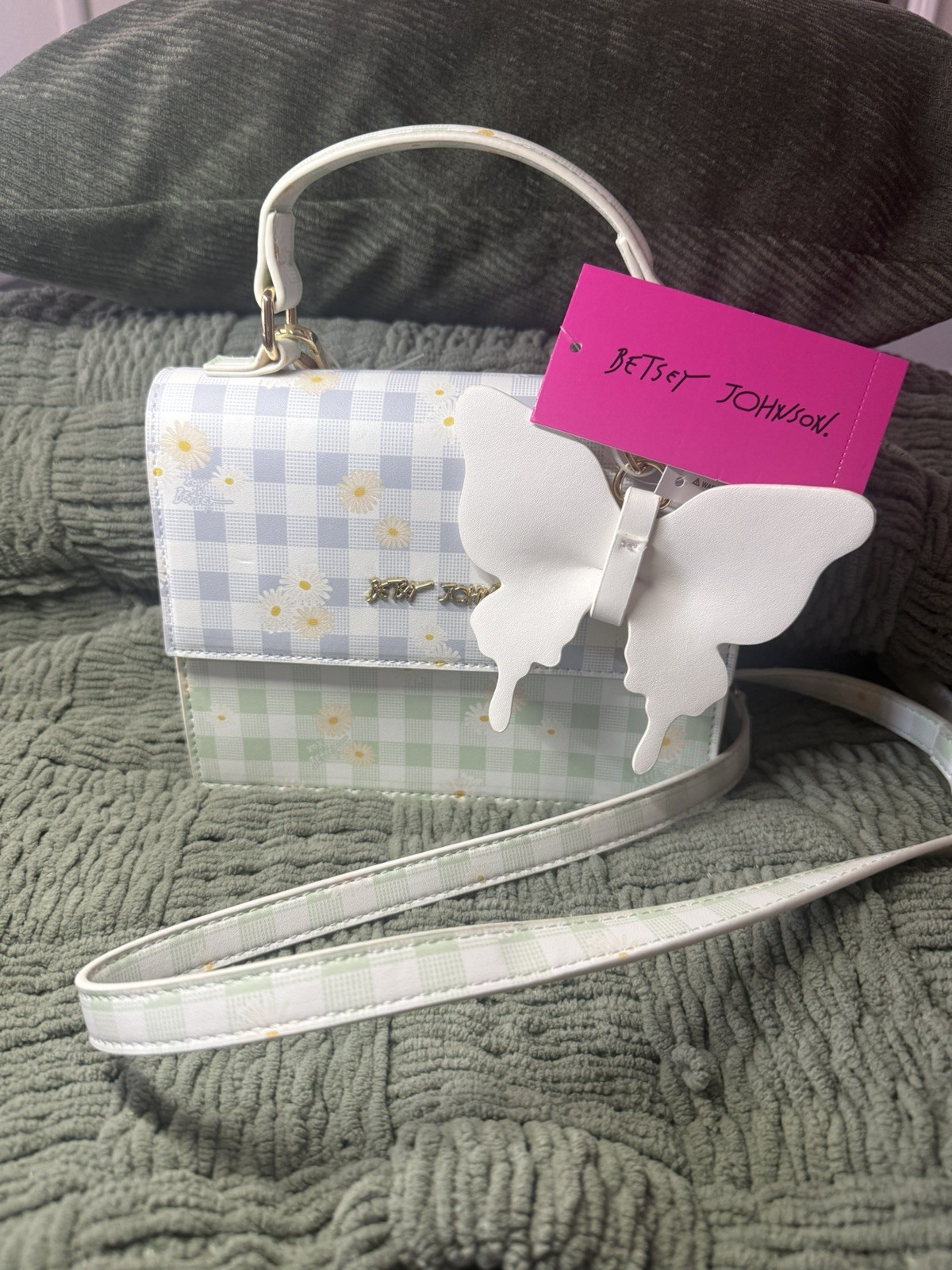 Betsey Johnson Pastel Gingham Daisy Butterfly Satchel Handbag BM 30610