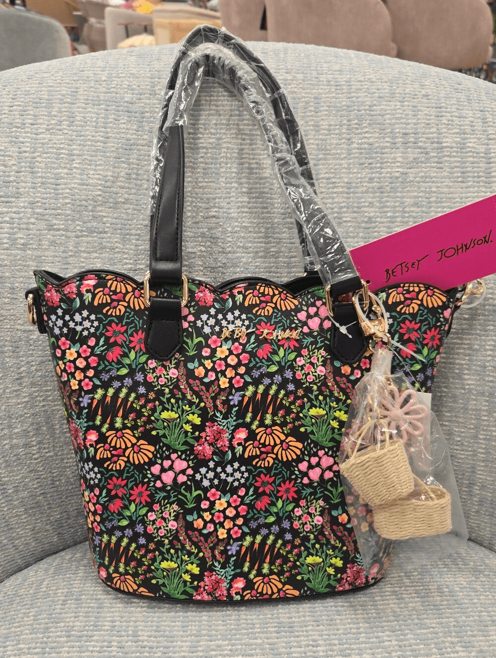 Betsey Johnson Black Floral Mini Tote Handbag