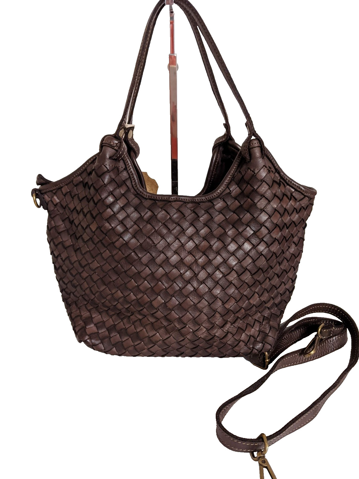ITALIAN HAND WOVEN GENUINE WASHED LEATHER HANDBAG SATCHEL- MADE IN ITALY