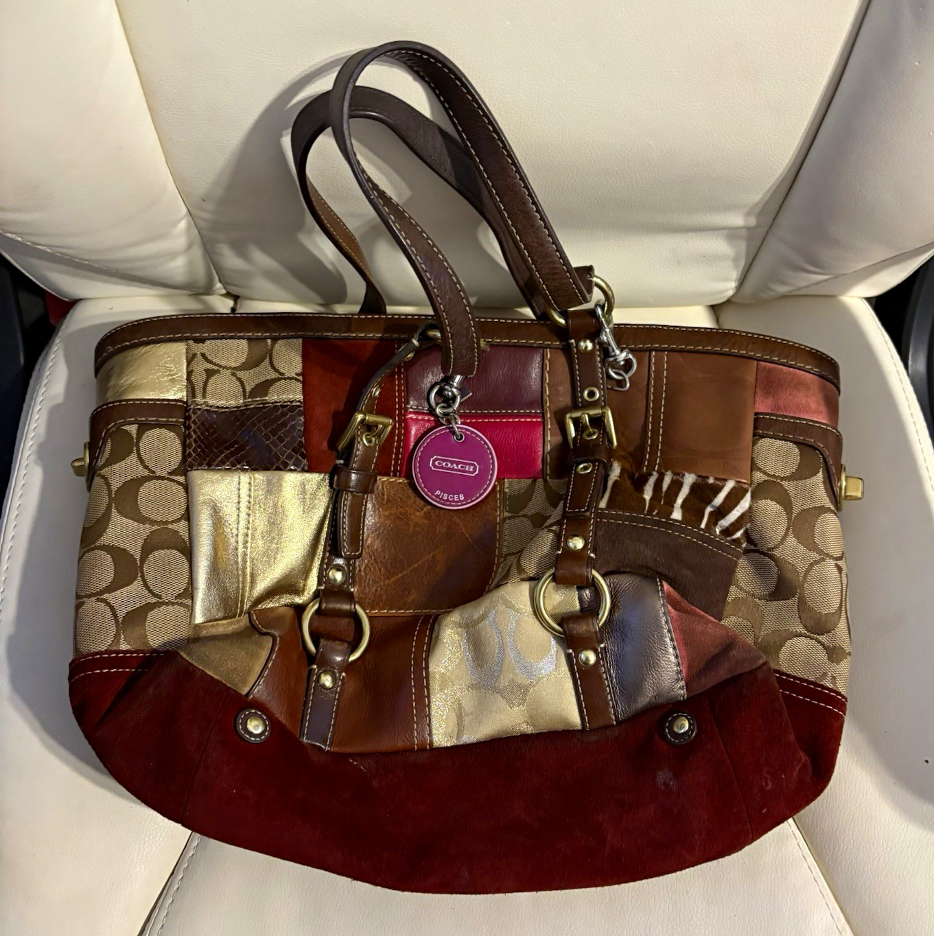 Coach Patchwork Brown/Beige/Red Satchel Double Handle Bag Charm Gold Hardware