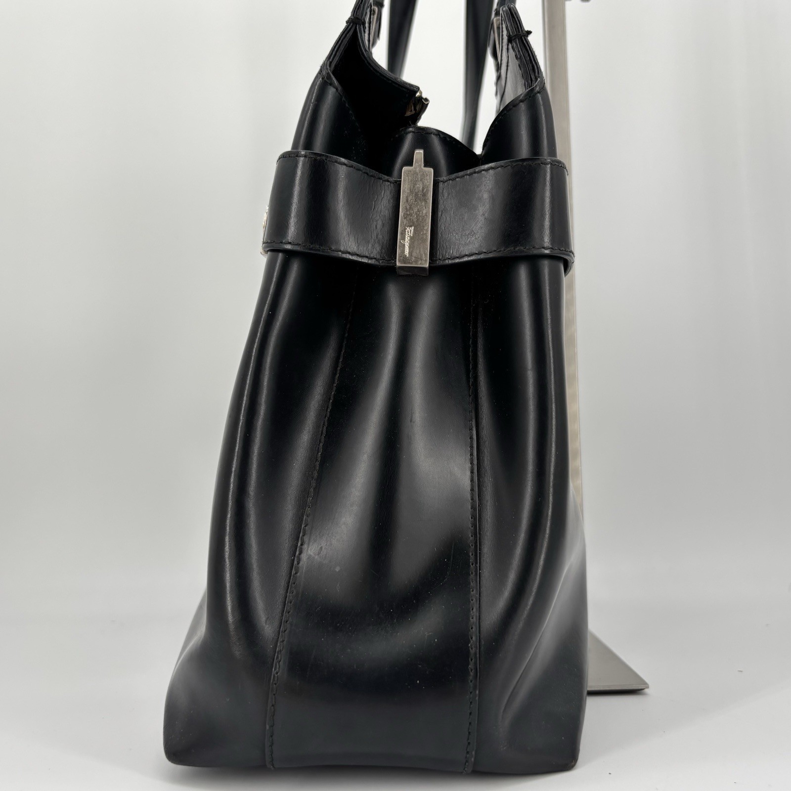Ferragamo Gancini Black Leather Tote Handbag Silver Hardware Worn No Strap Japan
