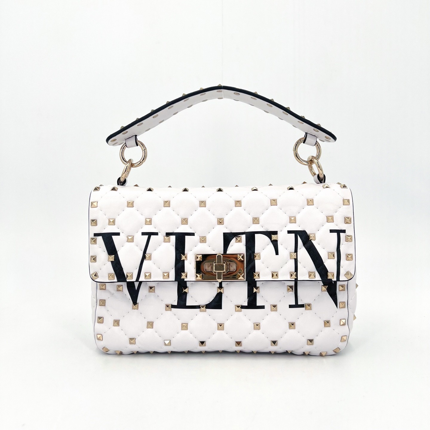Valentino Rockstud Spike White Leather Gold HW Shoulder Bag Duty Paid