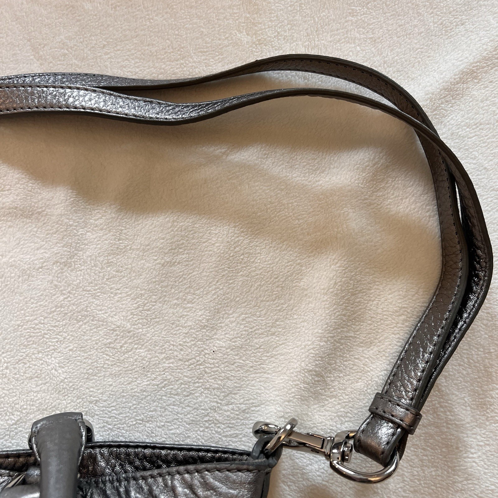 Cole Haan Platinum Silver Metallic Pewter Leather Handbag Hobo Tote Purse