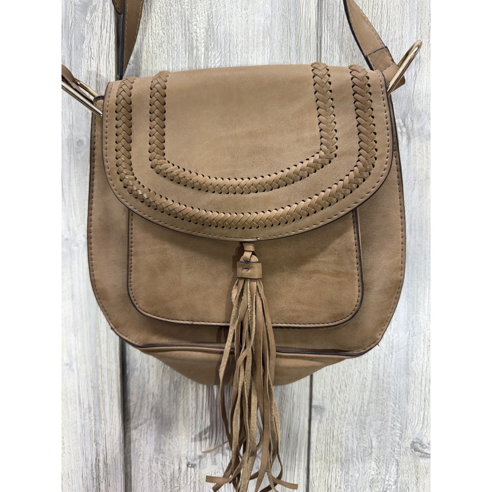 Franco Sarto Taupe Tan Crossbody Bag Braided Whipstitch Tassel Saddle Bag Mens