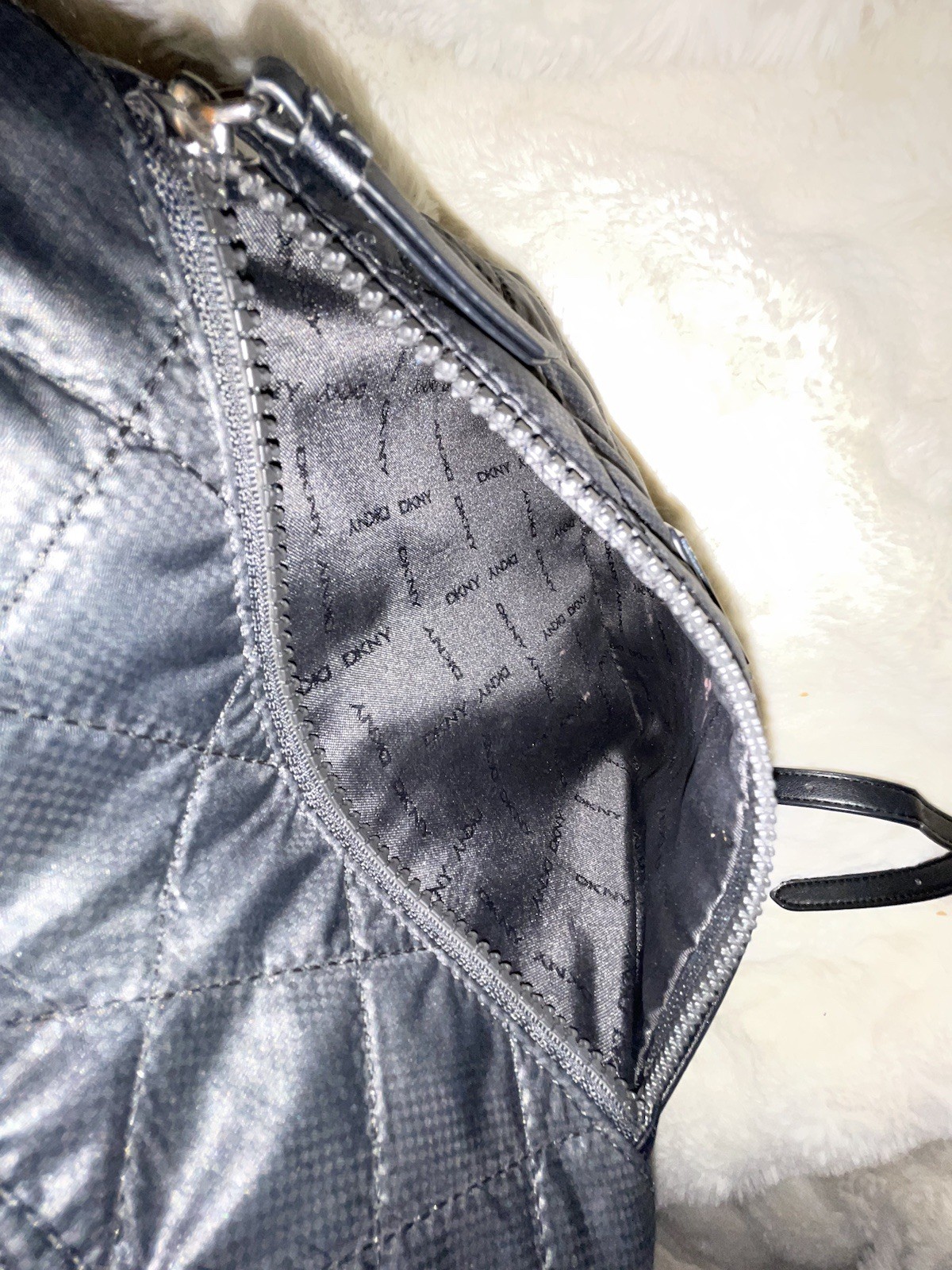 DKNY Maya Zip Front Nylon Crossbody Silver Tone zip Closure Black