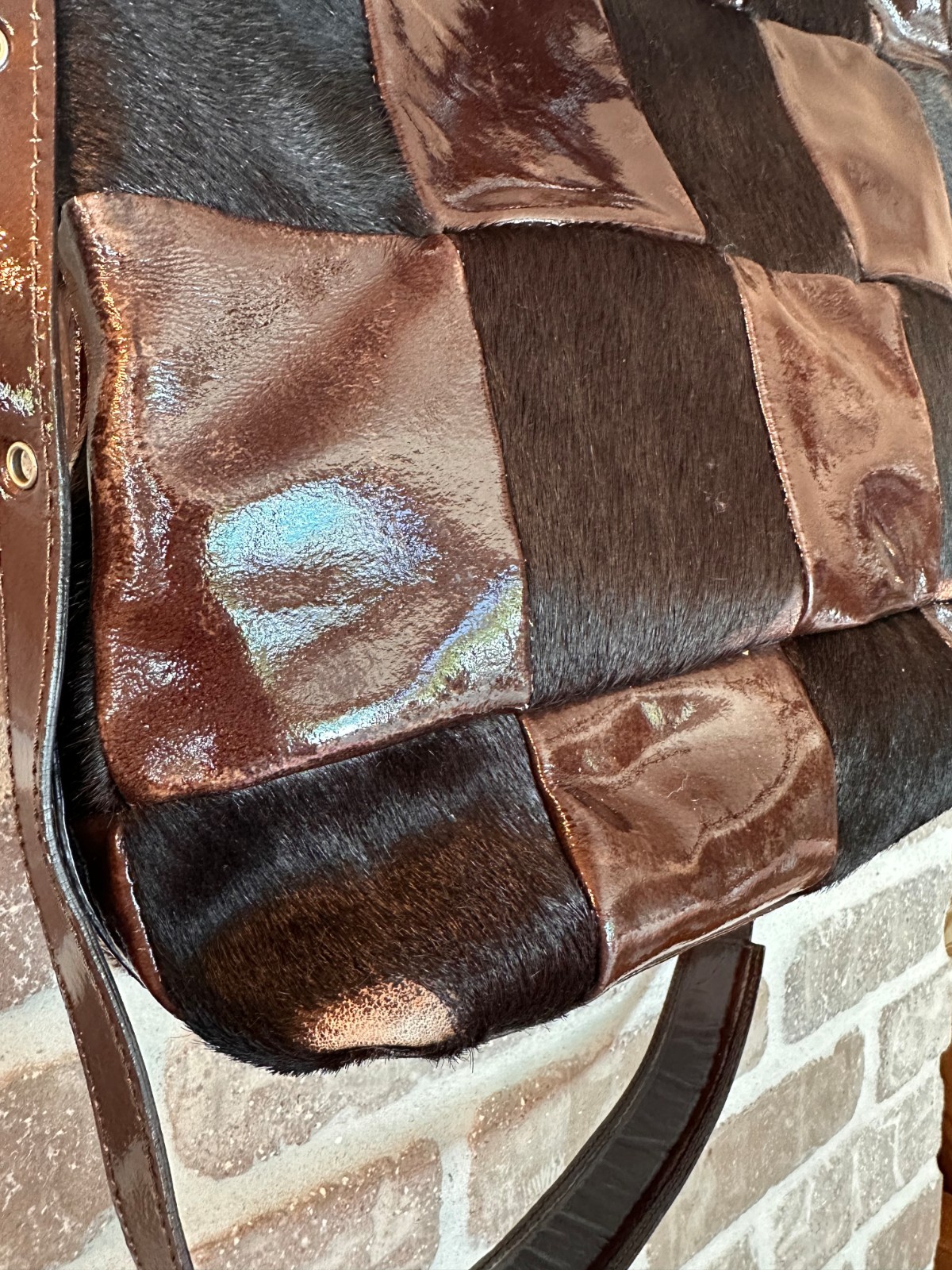 Pony hair & patent leather tote by Plinio Visona