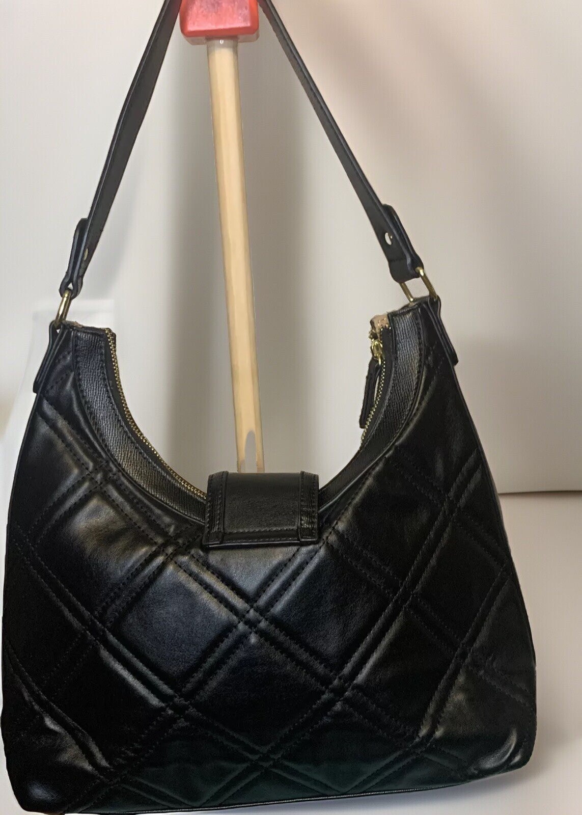 Woman’s Black Faux Leather Quilted Shoulder Handbag Full Zip Multi-Pockets