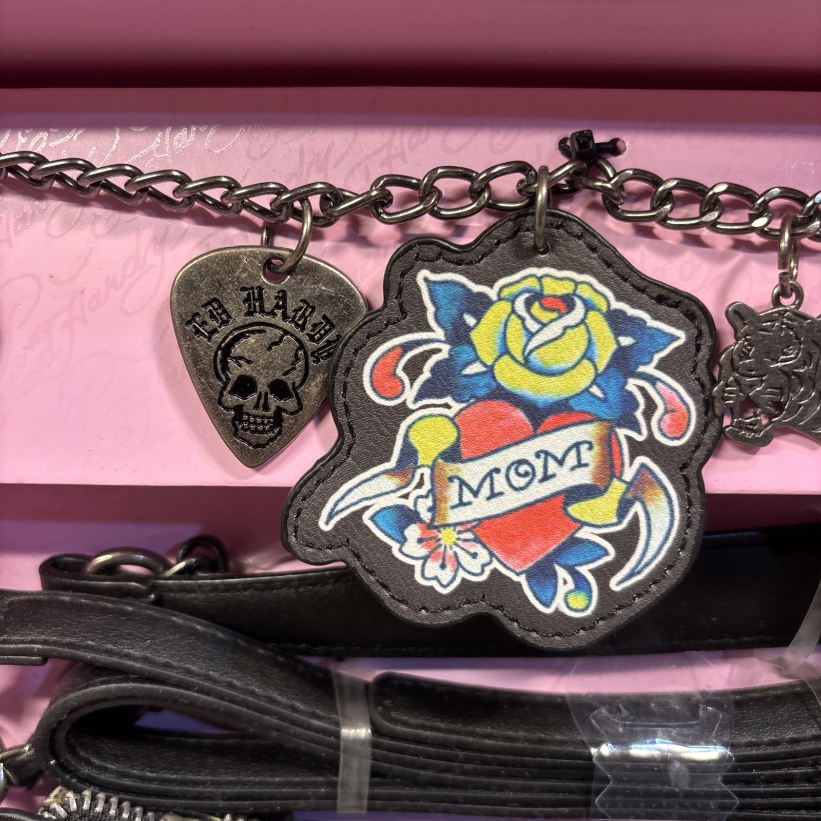 Ed Hardy Black Shoulder Bag Rhinestone Heart, Detachable Strap & Charm, Zip