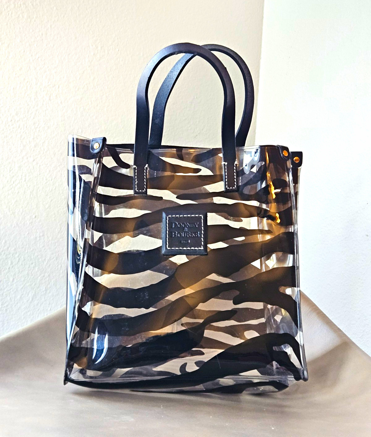 Dooney & Bourke Clear Zebra Animal Print Tote Double Leather Handles Gold