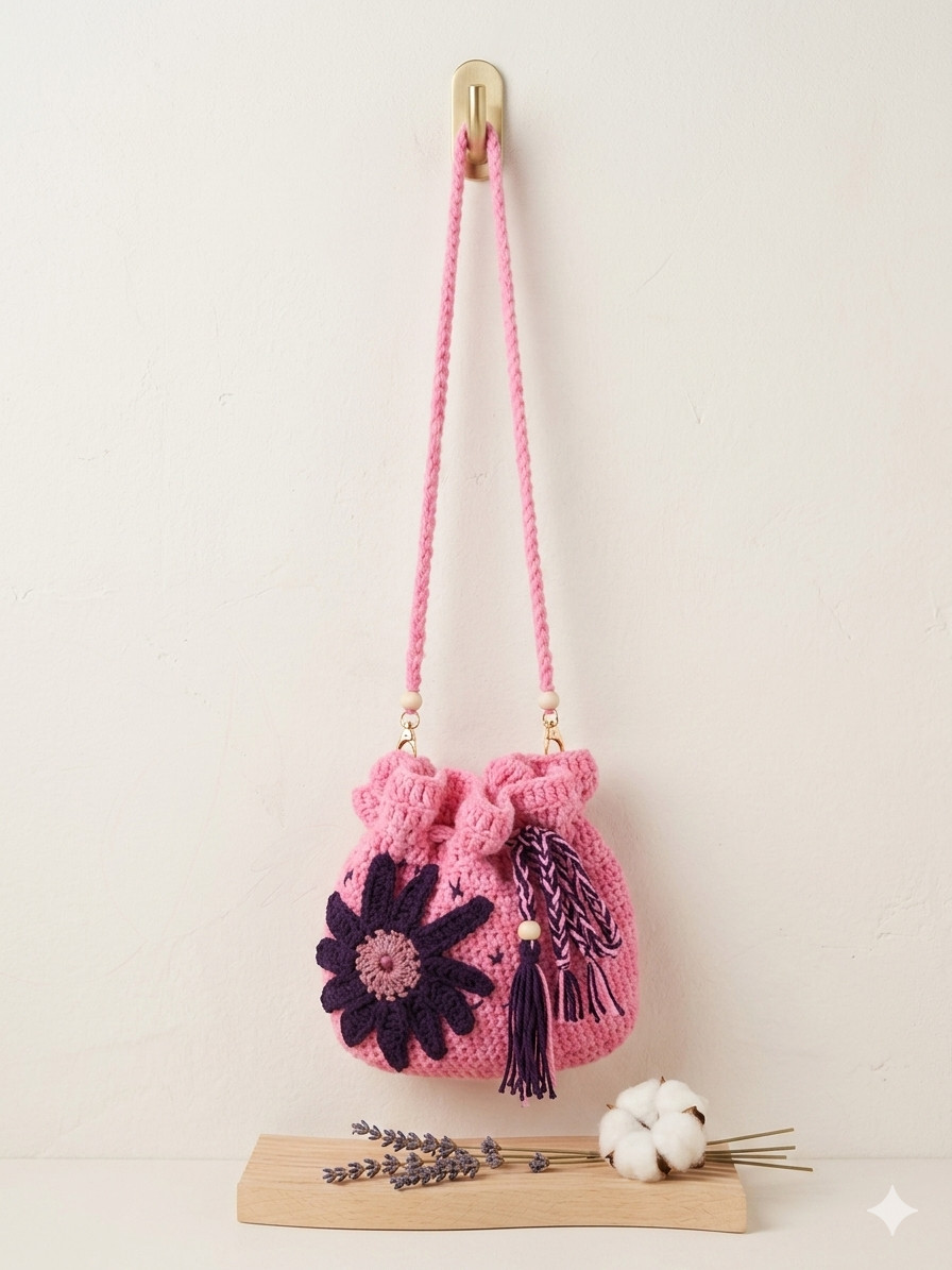 Handmade Pink Crochet Drawstring Bag with Purple Flower – Boho Crossbody Purse