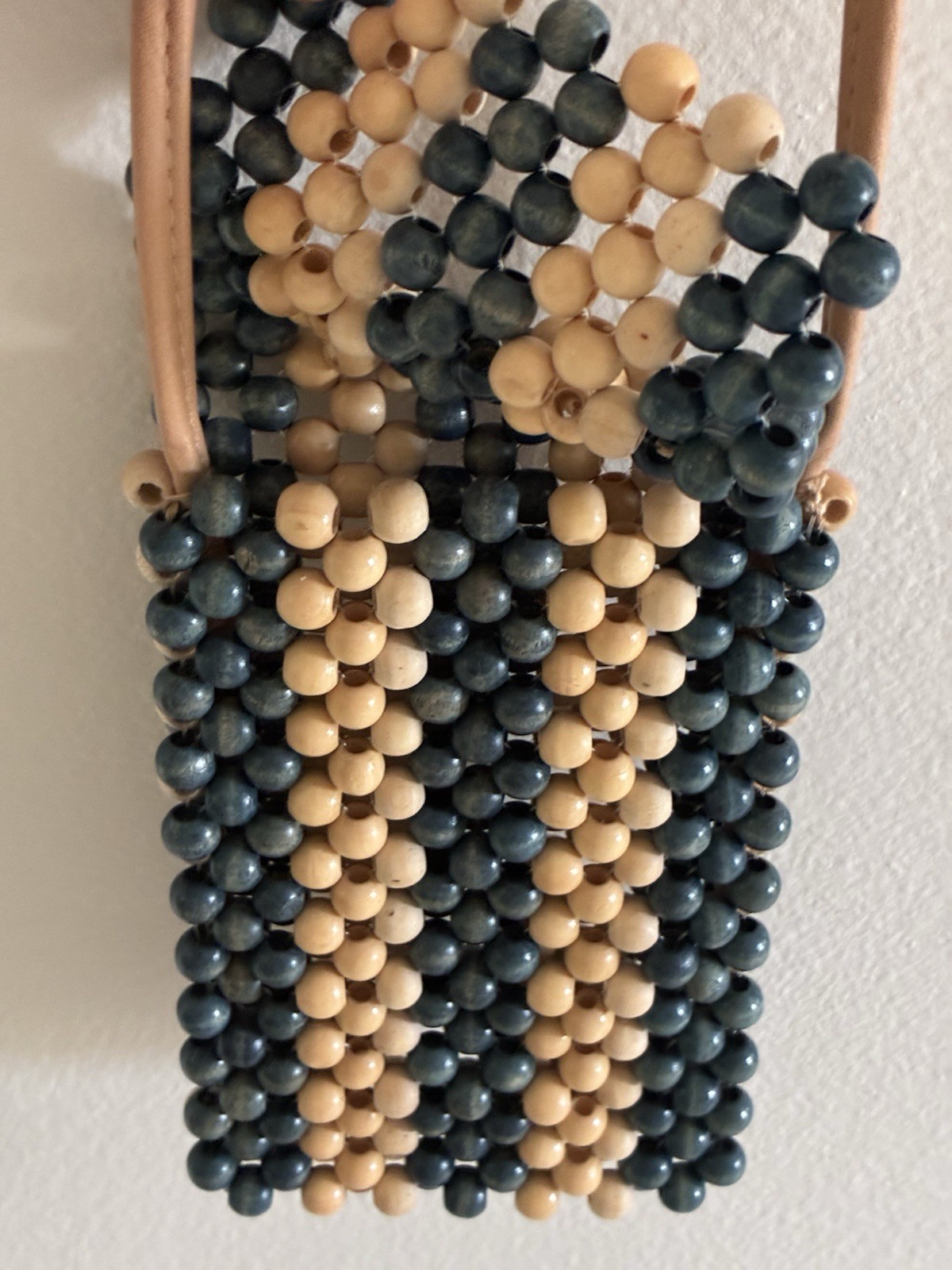 Small Women’s Boho Blue Beige Striped Beaded Rectangle Crossbody Bag