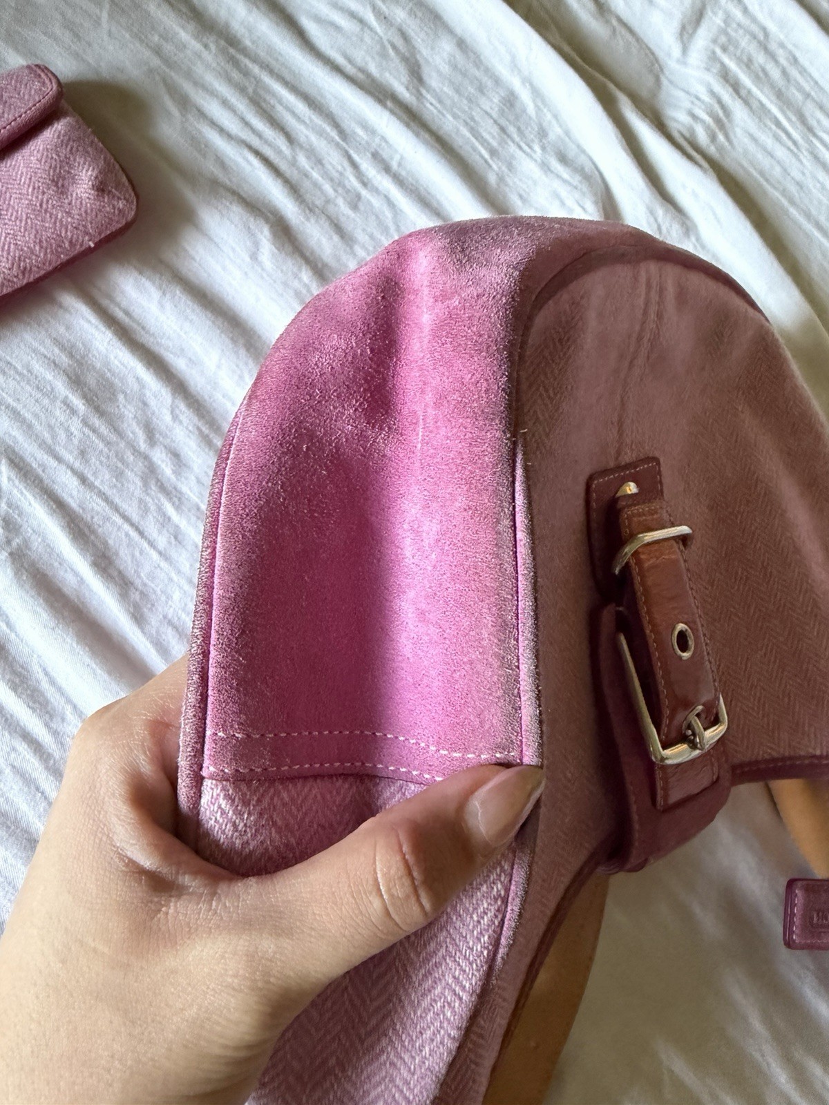 COACH G04J-1407 Vintage Pink White Herringbone Tweed Leather bag Hobo Handbag