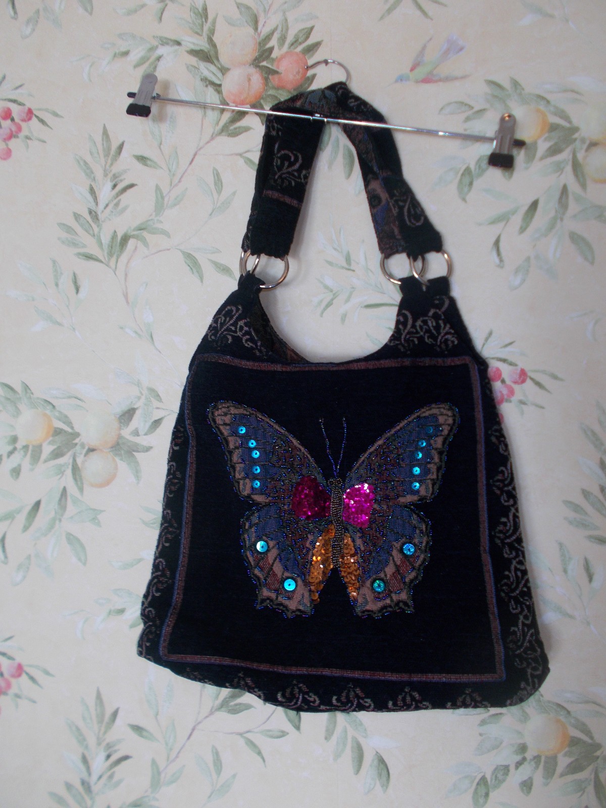 Black Cloth Tote Bag with Sparkle Gem & Needlework Butterflies