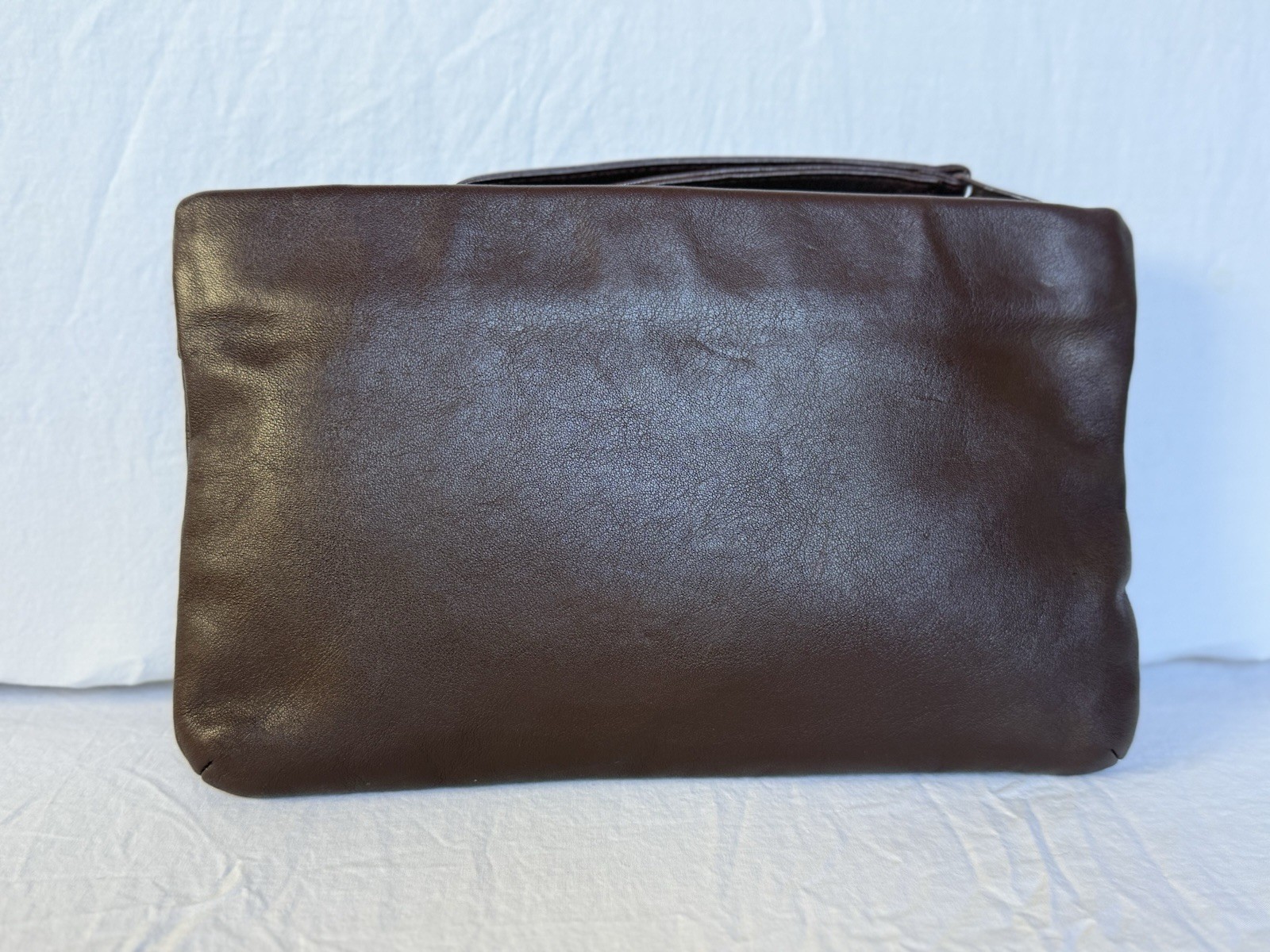 Vintage GANSON Leather Clutch Bag Gold G Logo Minimalist 70s 80s Brown