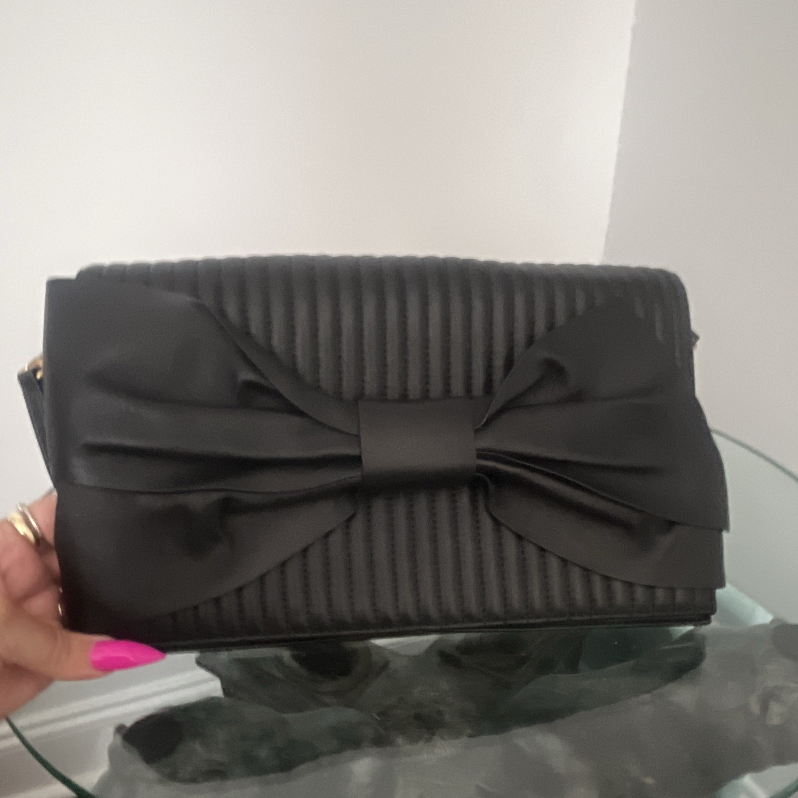 Donna Karan Black Bow Clutch Convertible Crossbody Detachable Strap Gold