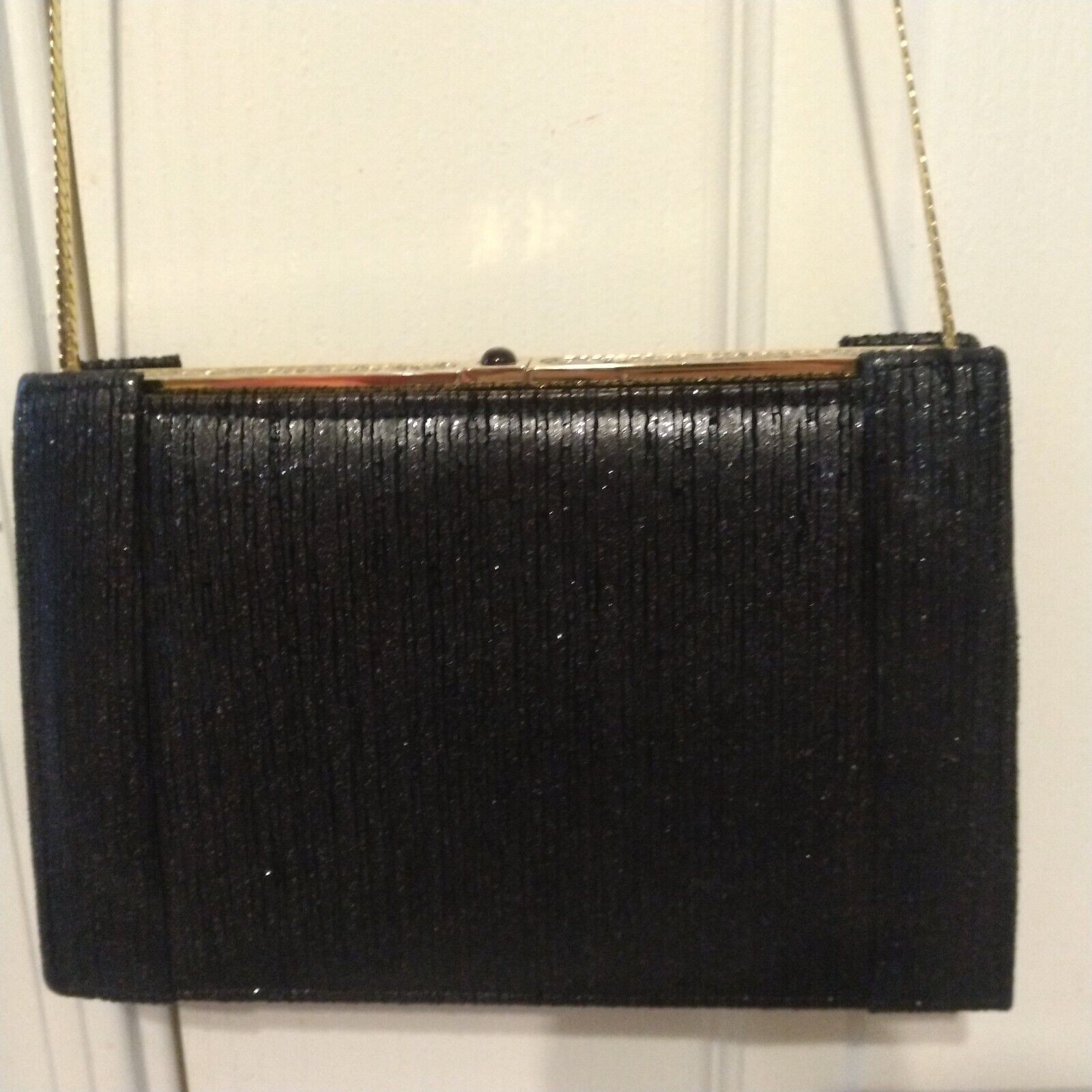 Rare ASHNEIL Black Shoulder Bag Clutch gold sparkle top purse Button Open EUC!!