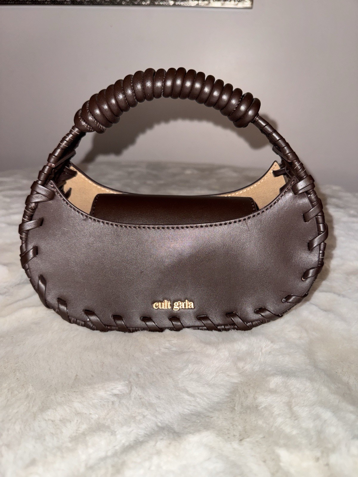 Cult Gaia Aiko Brown Leather with Whip Stitched Top Handle Bag Woven