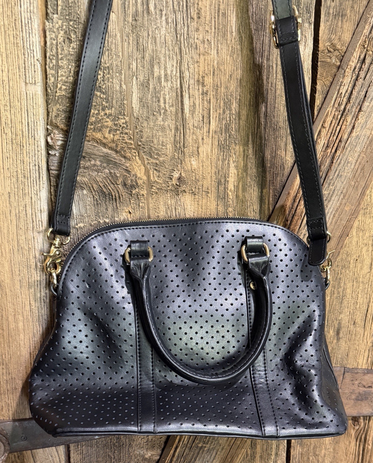 Emma Fox Black Leather Satchel Dome Crossbody Gold Hardware Floral Lining EUC