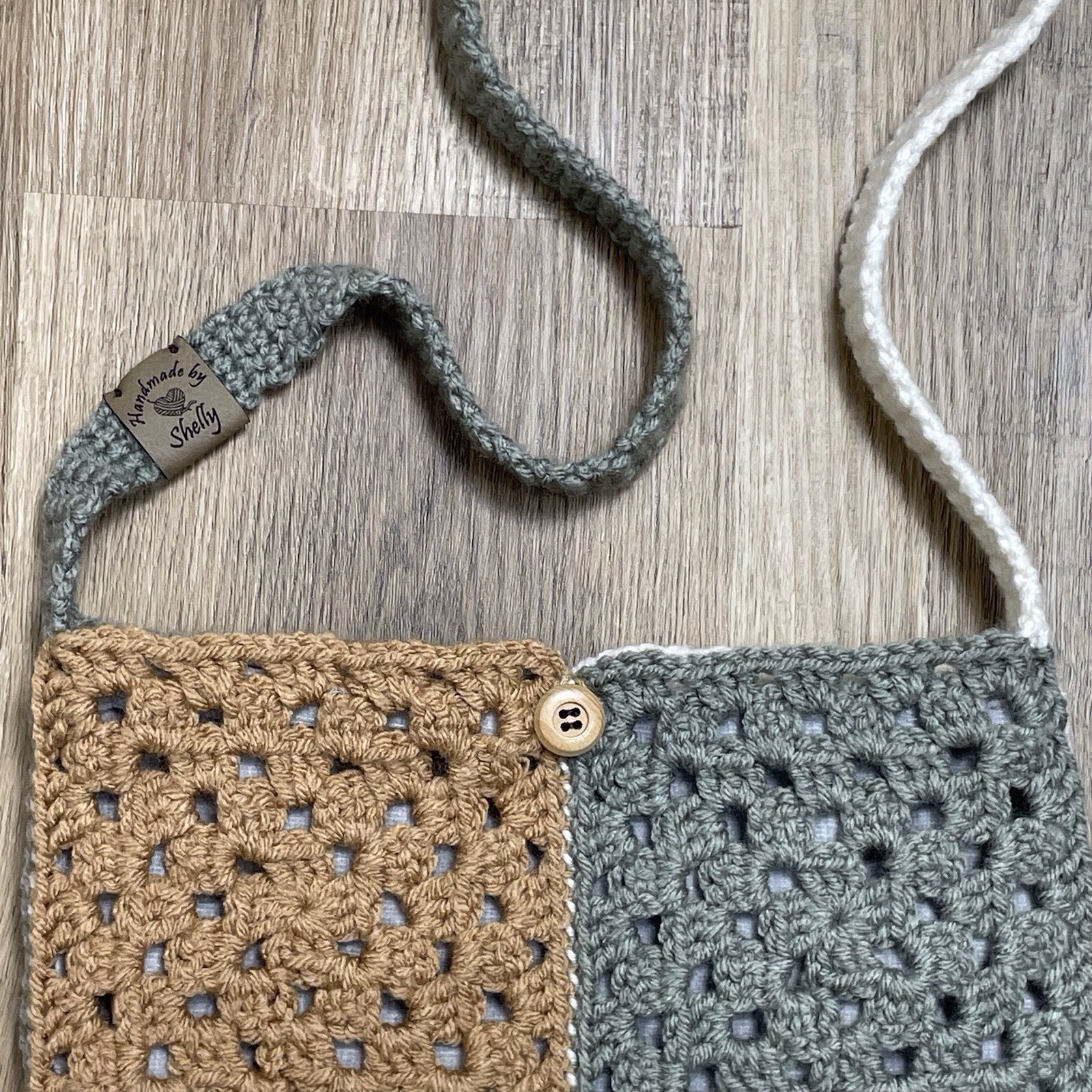 Granny Square Crochet Cross Body Shoulder Bag Sage Brown Lined Boho Festival