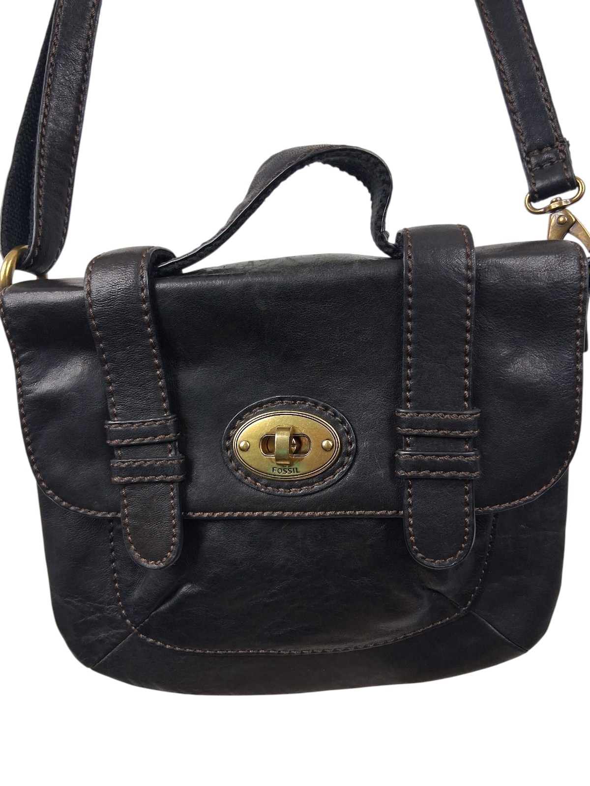 Fossil Sydney Crossbody Black Pebble Leather Messenger Key Twist Lock Flap Purse