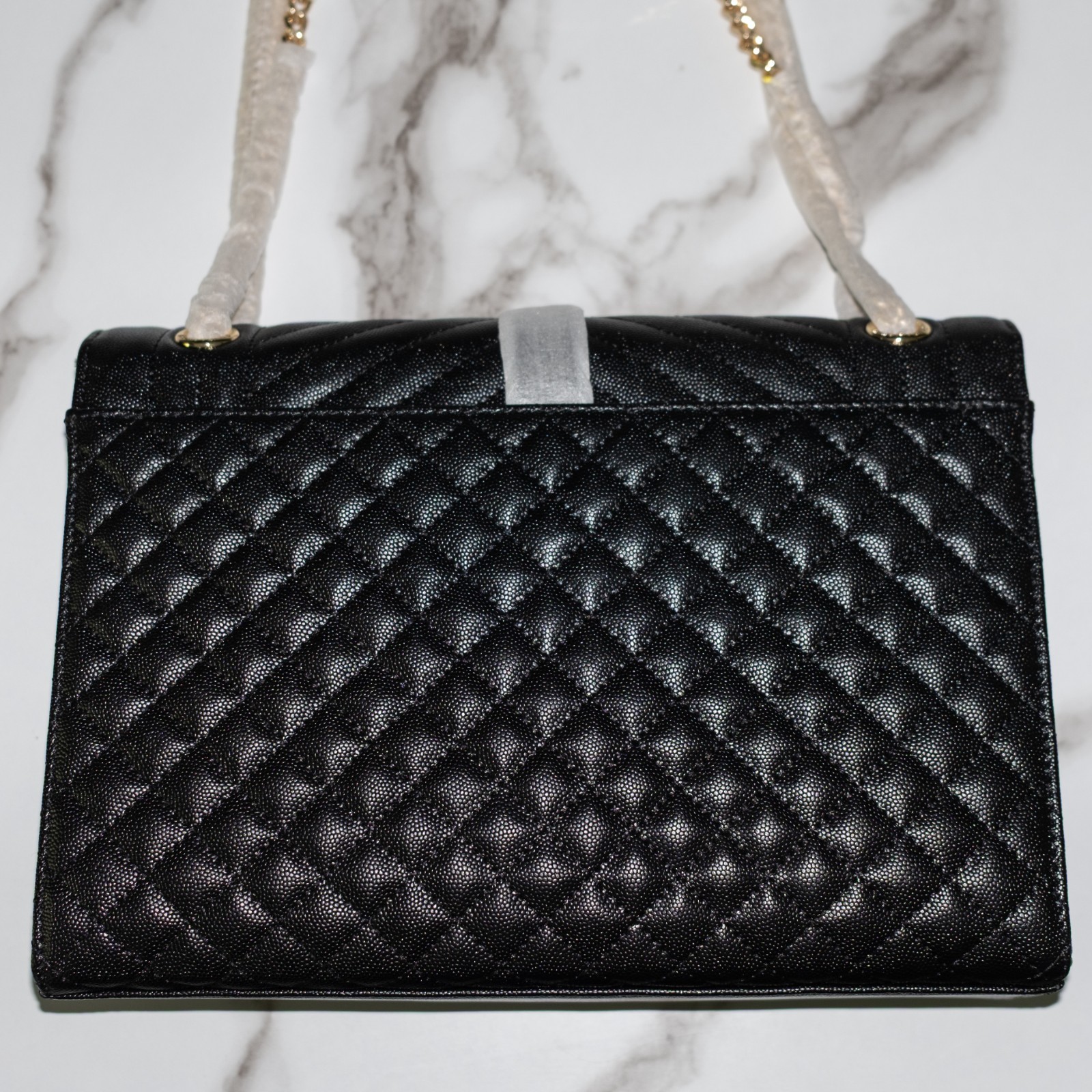Saint Laurent Envelope Gold Hardware YSL Shoulder Bag Medium Black Leather | NEW