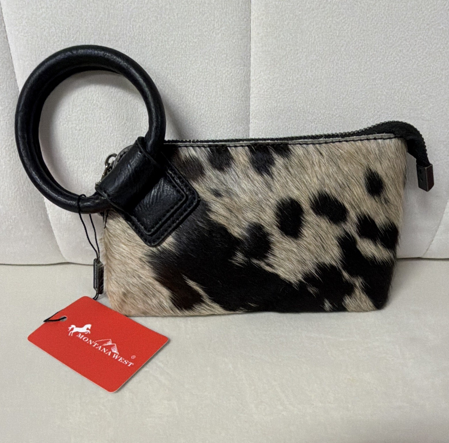 Montana West Black/Brown Animal Print Zip Wristlet Ring Handle Pockets