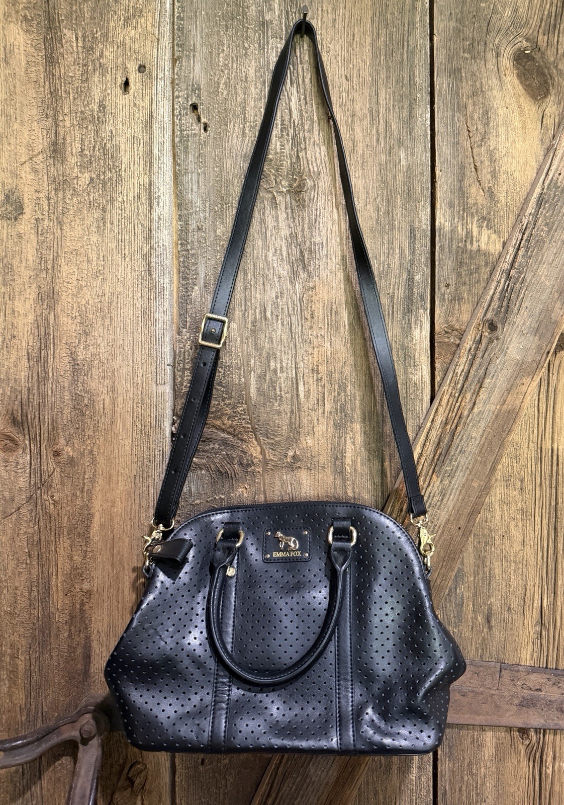 Emma Fox Black Leather Satchel Dome Crossbody Gold Hardware Floral Lining EUC