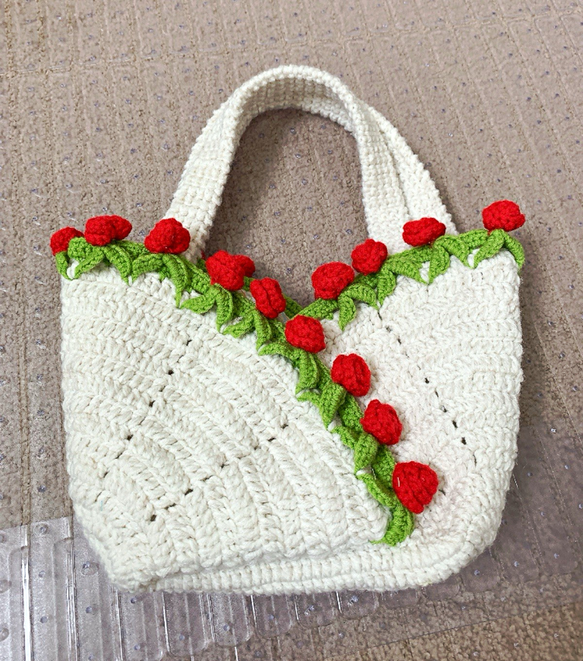Handmade White Top Handle Bag, Floral Applique, Red Flowers Green Leaves