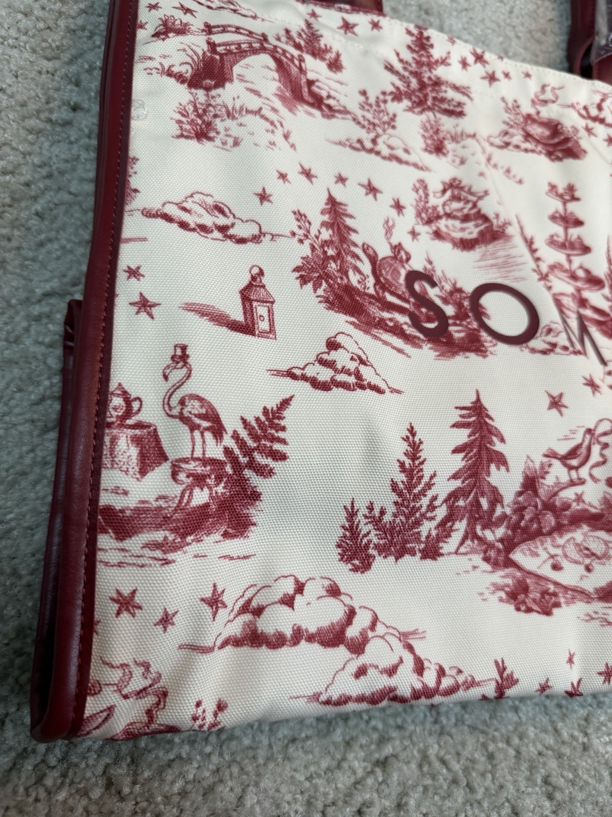 Soma Cream Burgundy Toile Tote Bag Magnetic Snap Closure Lined Silver Hardware