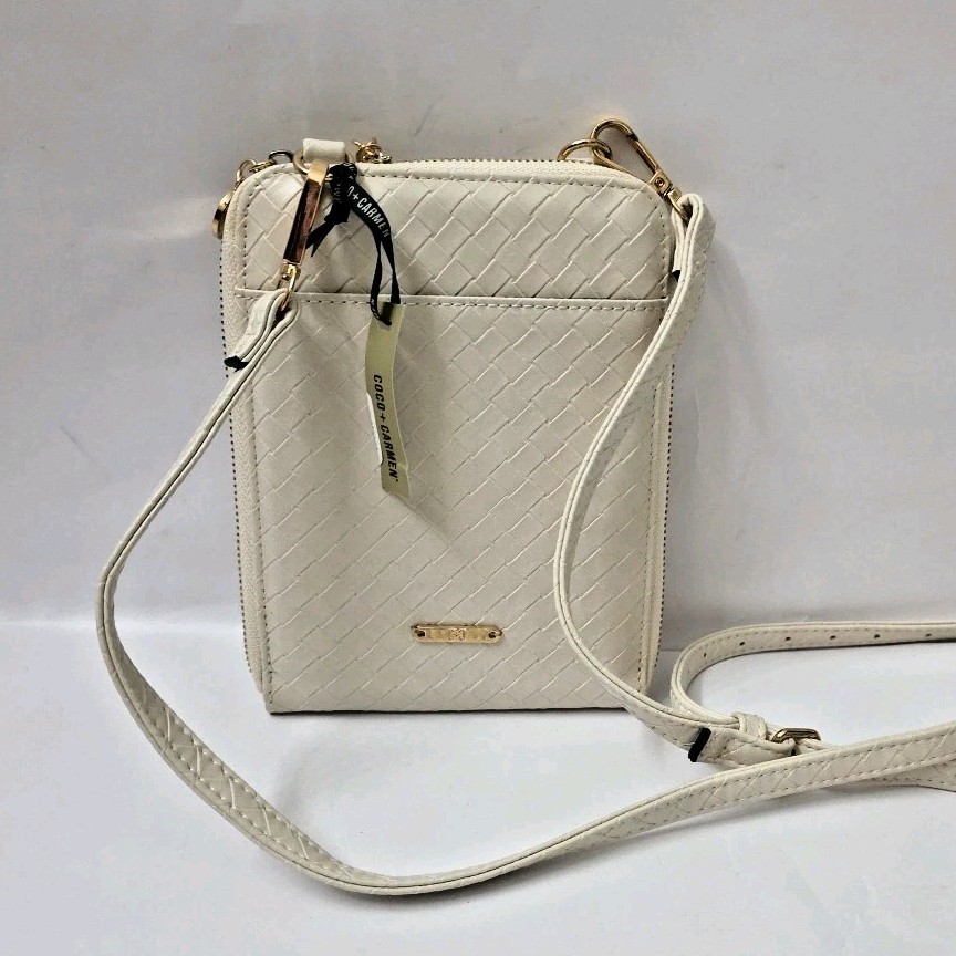 Coco+Carmen Cream Crossbody Organizer Wallet Purse Herringbone Adjustable Strap