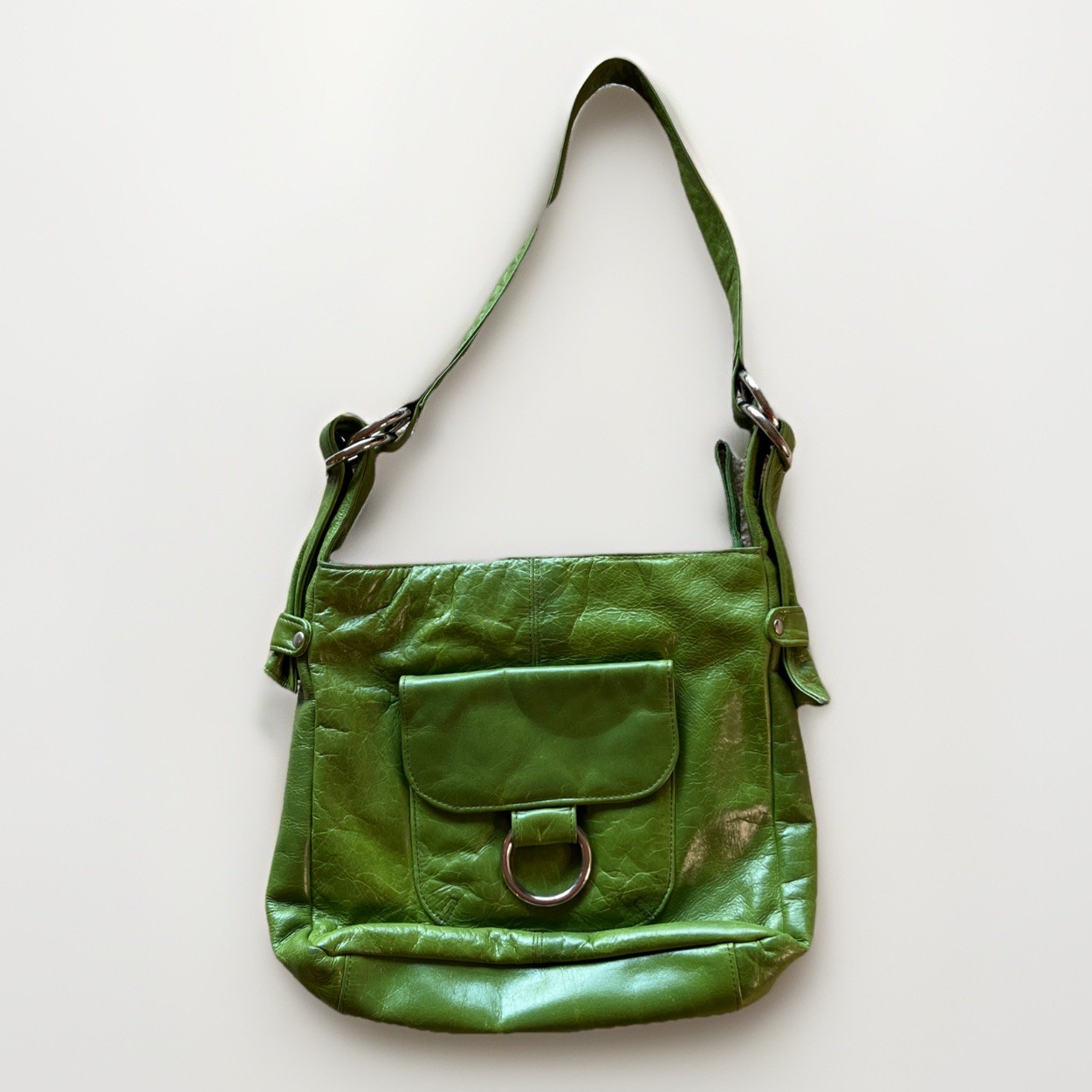 Latico Leather Green Shoulder Bag Y2K Chunky Zip Closure Floral Lined Pockets