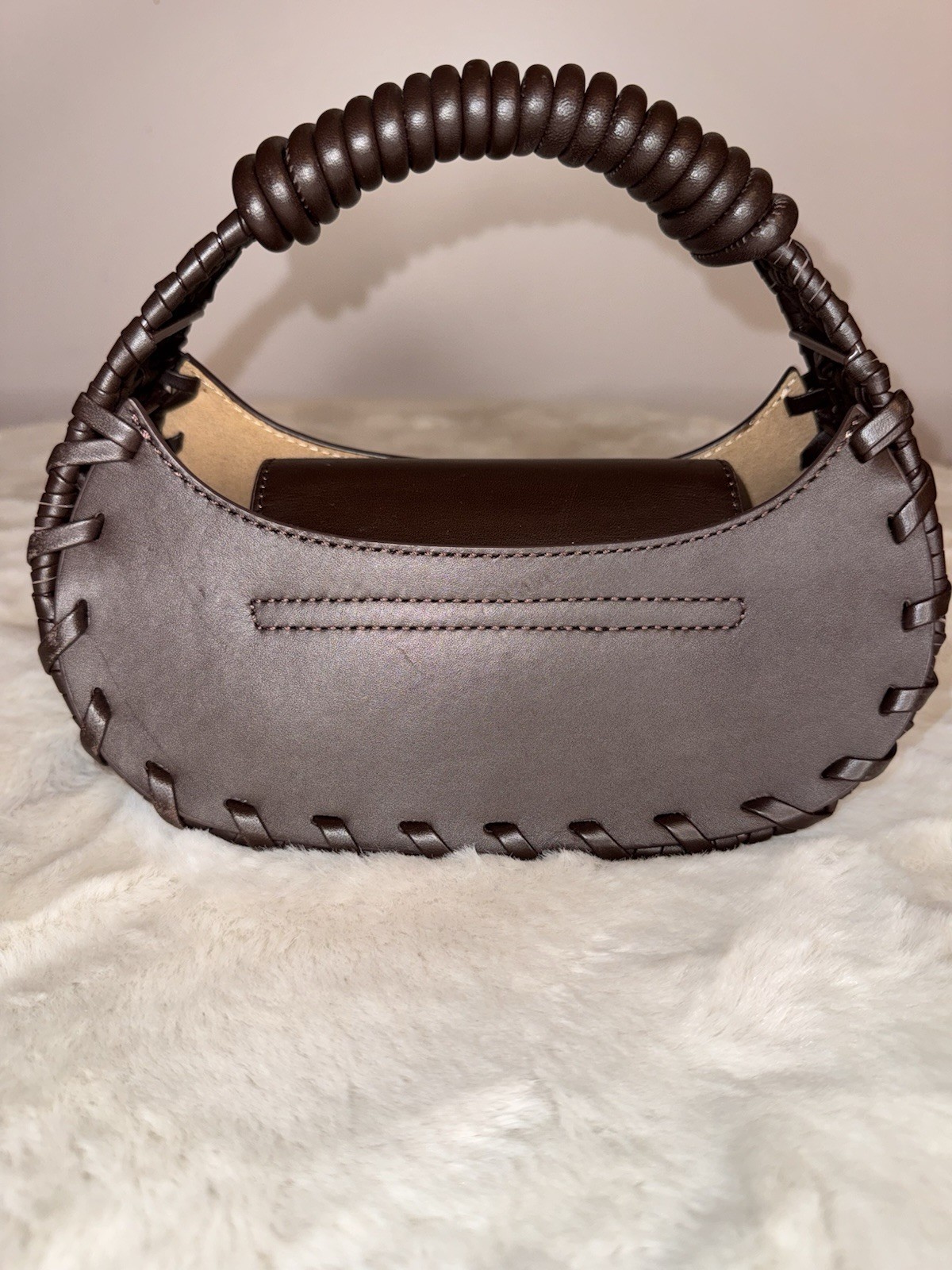 Cult Gaia Aiko Brown Leather with Whip Stitched Top Handle Bag Woven