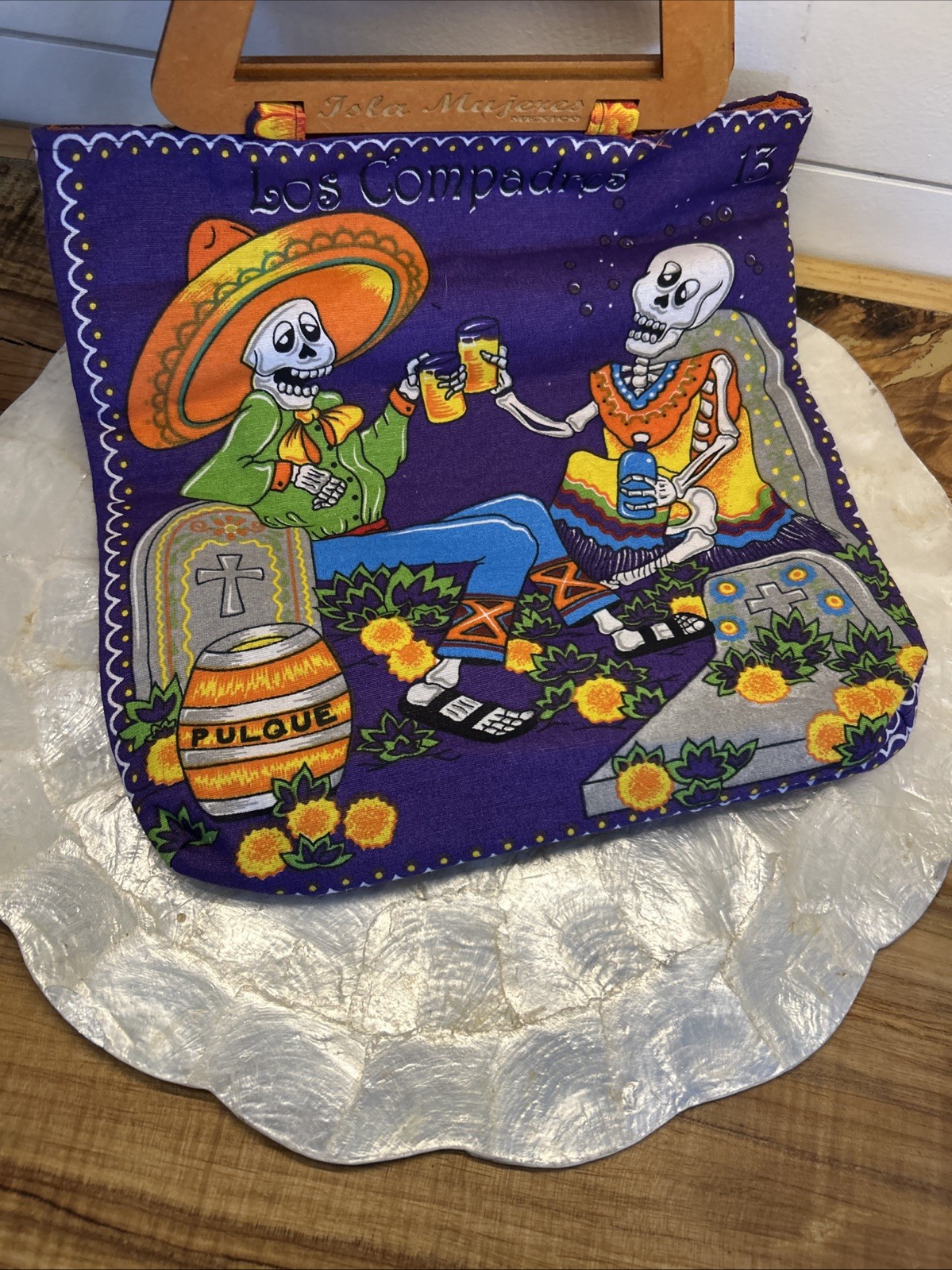 Isla Mujeres Mexico Dia de los Muertos Day of the Dead Tote Purse Fabric/Wood