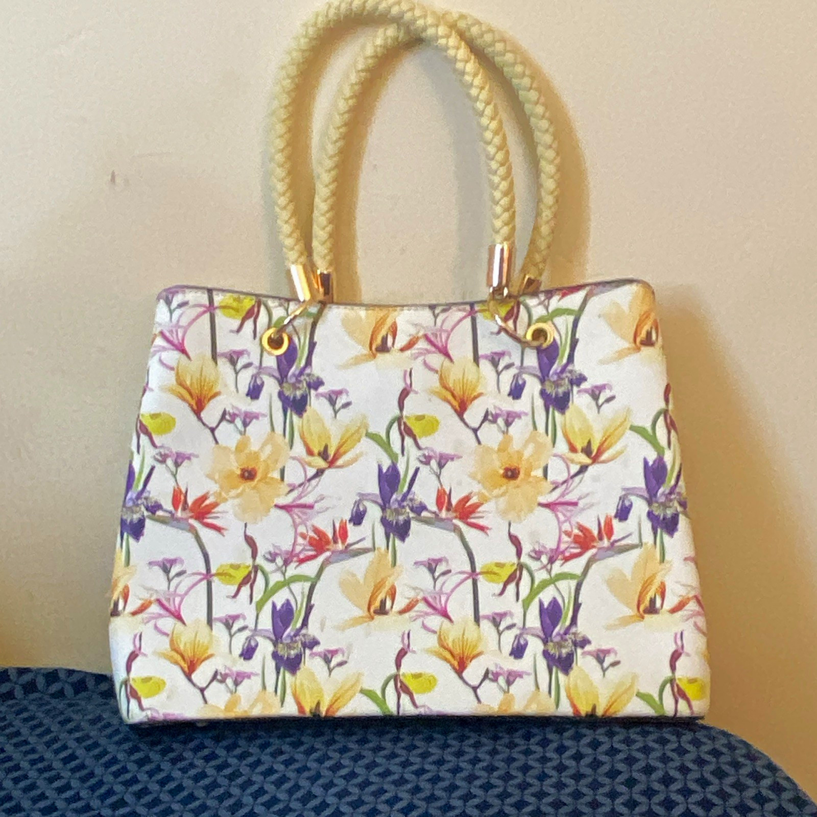 Floral Multicolor Medium Satchel Top Handle Zip, Braided Handles Strap Pockets