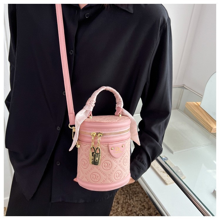Pink Mini Cylinder Bucket Bag Twisted Handle Lock Women Crossbody Purse