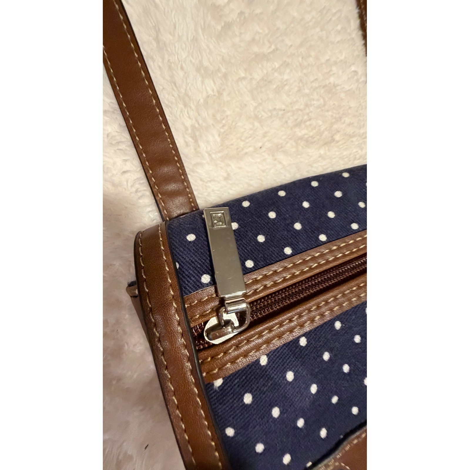 Chaps Navy Blue Polka Dot Crossbody Bag Brown Trim Canvas Small Messenger Purse