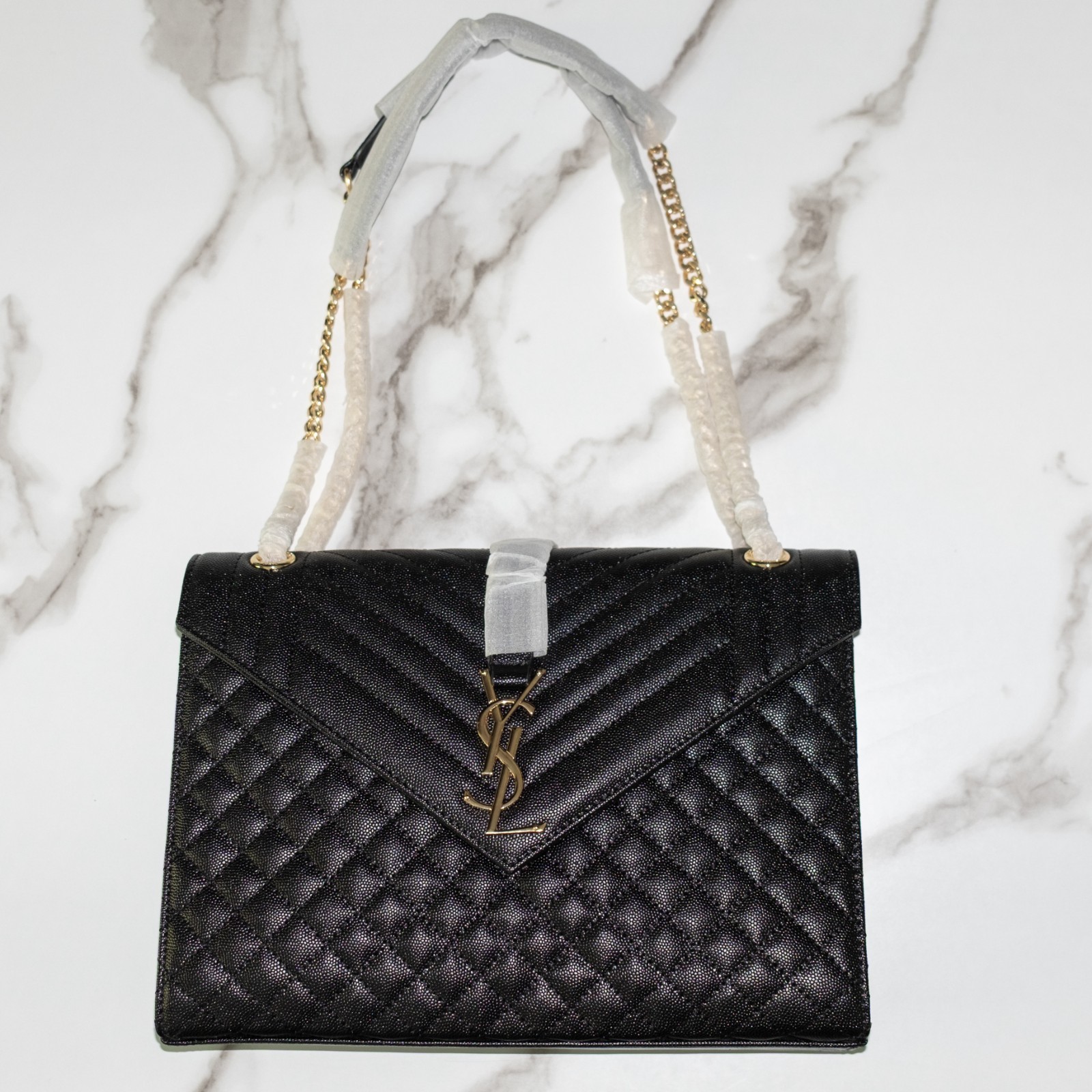 Saint Laurent Envelope Gold Hardware YSL Shoulder Bag Medium Black Leather | NEW