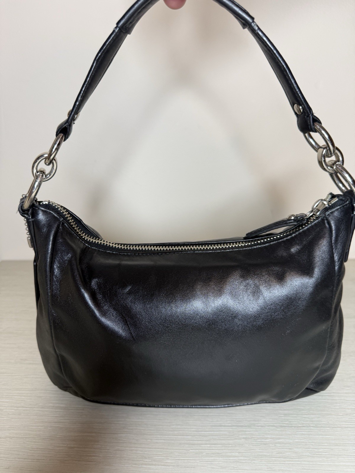 Coach Kristin Leather Hobo Shoulder Bag Handbag Black Pink Lining F22306