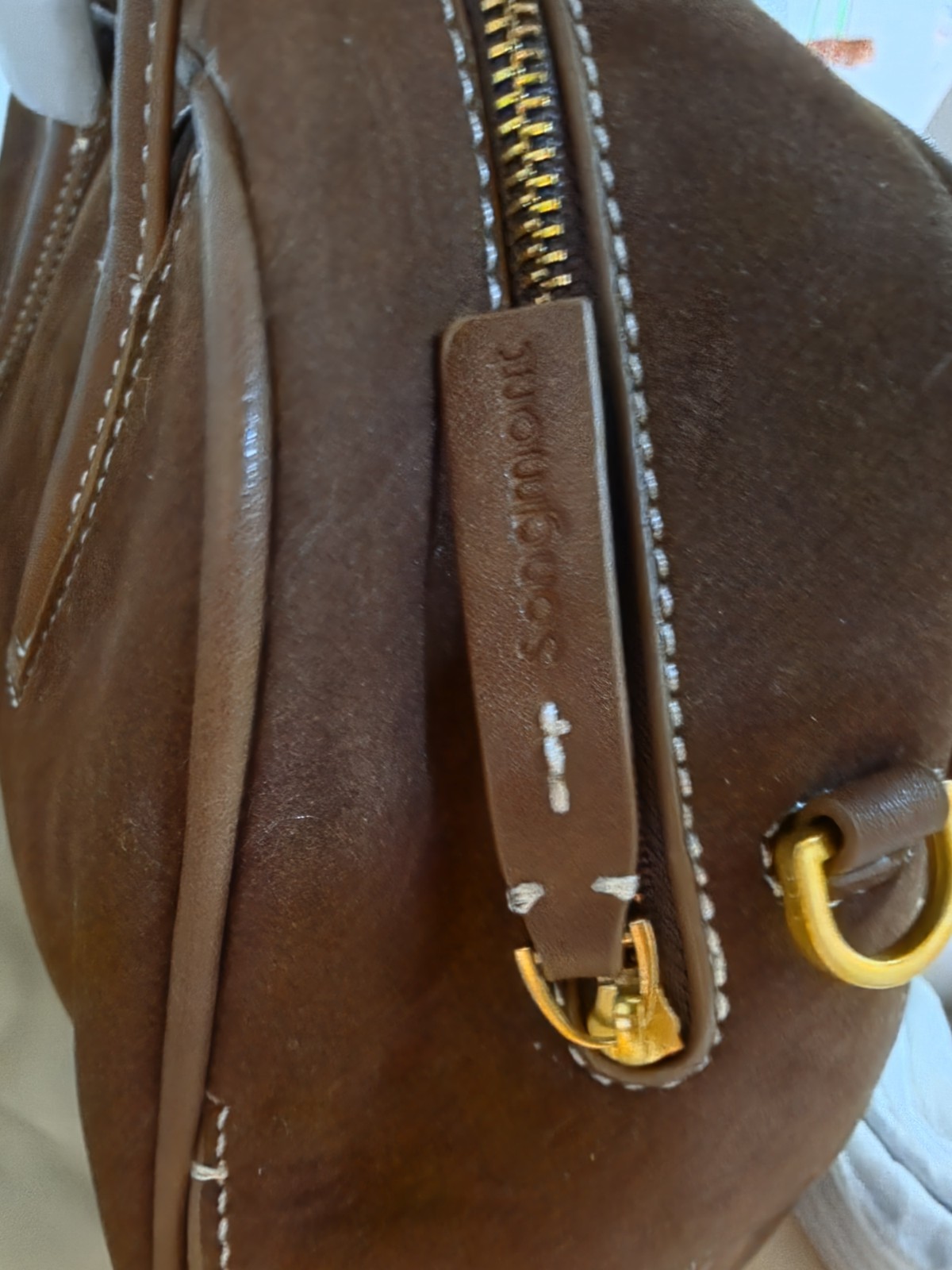 Songmont Brown Top Handle Bag Zip Detachable Strap, Dust Bag, Brand Card